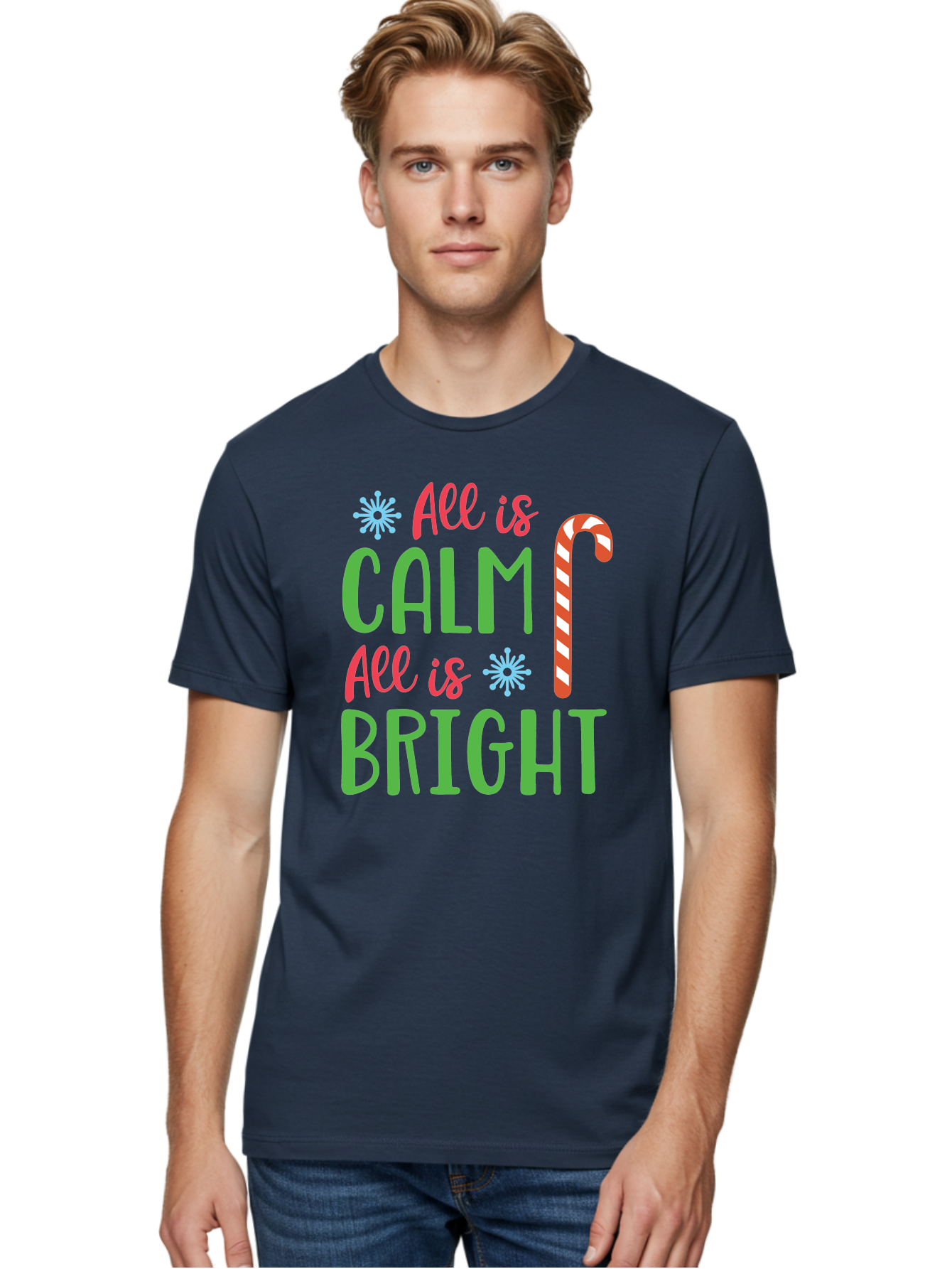 All-Is-Calm-All-Is-Bright Men'S Graphic Tee, 100% Cotton, Comfortable Casual Summer Wear, Machine Washable, Holiday Graphics, Christmas Decor, Candy Cane Art, Festive Typography, Winter Wonderland, Holiday Cheer, Christmas Magic, Sweet Treats, Aac458 30