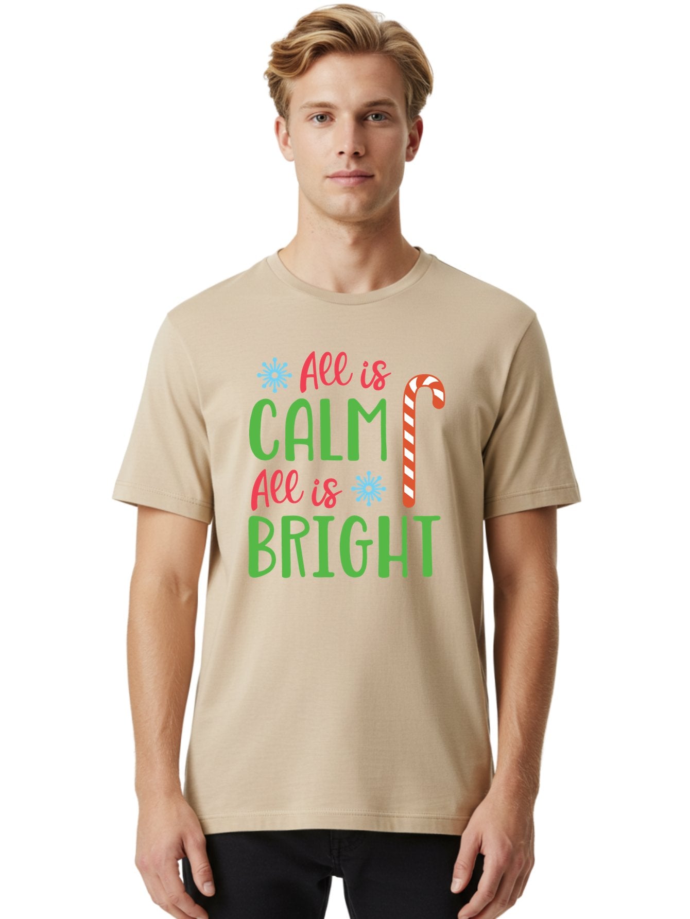 All-Is-Calm-All-Is-Bright Men'S Graphic Tee, 100% Cotton, Comfortable Casual Summer Wear, Machine Washable, Holiday Graphics, Christmas Decor, Candy Cane Art, Festive Typography, Winter Wonderland, Holiday Cheer, Christmas Magic, Sweet Treats, Aac458 24