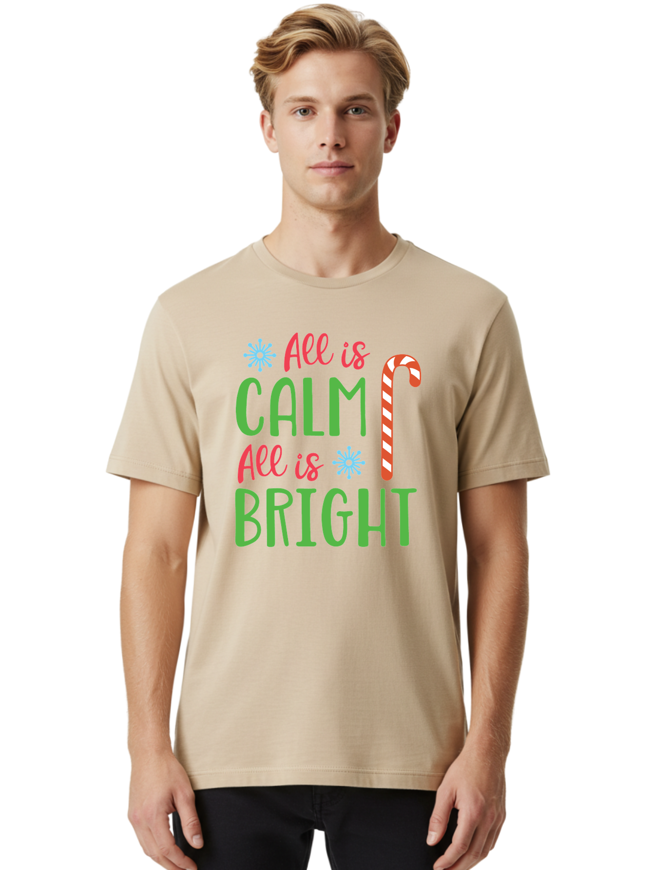 All-Is-Calm-All-Is-Bright Men'S Graphic Tee, 100% Cotton, Comfortable Casual Summer Wear, Machine Washable, Holiday Graphics, Christmas Decor, Candy Cane Art, Festive Typography, Winter Wonderland, Holiday Cheer, Christmas Magic, Sweet Treats, Aac458 14