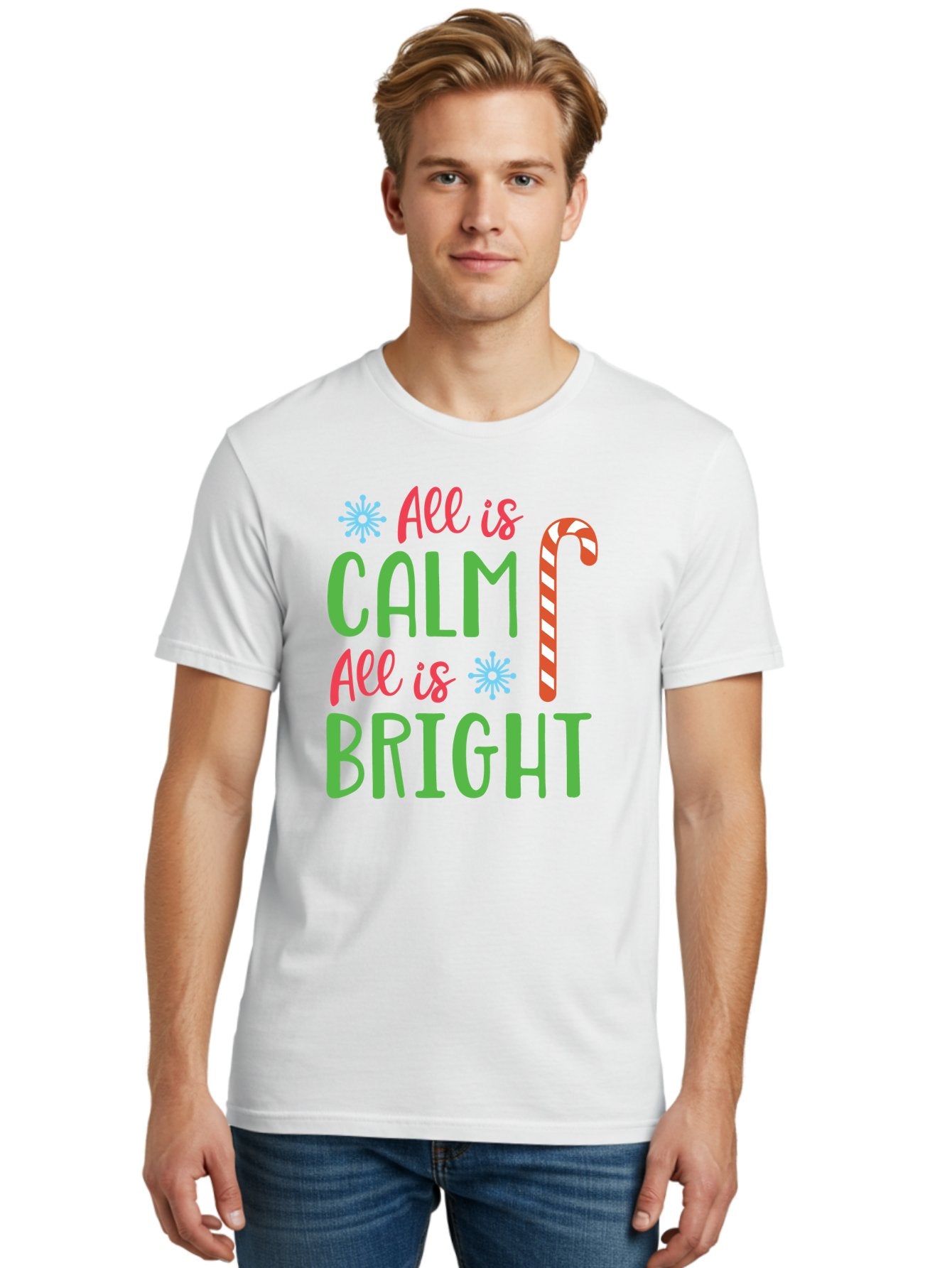 All-Is-Calm-All-Is-Bright Men'S Graphic Tee, 100% Cotton, Comfortable Casual Summer Wear, Machine Washable, Holiday Graphics, Christmas Decor, Candy Cane Art, Festive Typography, Winter Wonderland, Holiday Cheer, Christmas Magic, Sweet Treats, Aac458 30