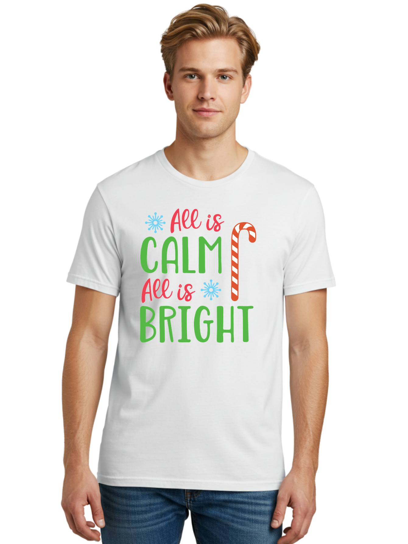 All-Is-Calm-All-Is-Bright Men'S Graphic Tee, 100% Cotton, Comfortable Casual Summer Wear, Machine Washable, Holiday Graphics, Christmas Decor, Candy Cane Art, Festive Typography, Winter Wonderland, Holiday Cheer, Christmas Magic, Sweet Treats, Aac458