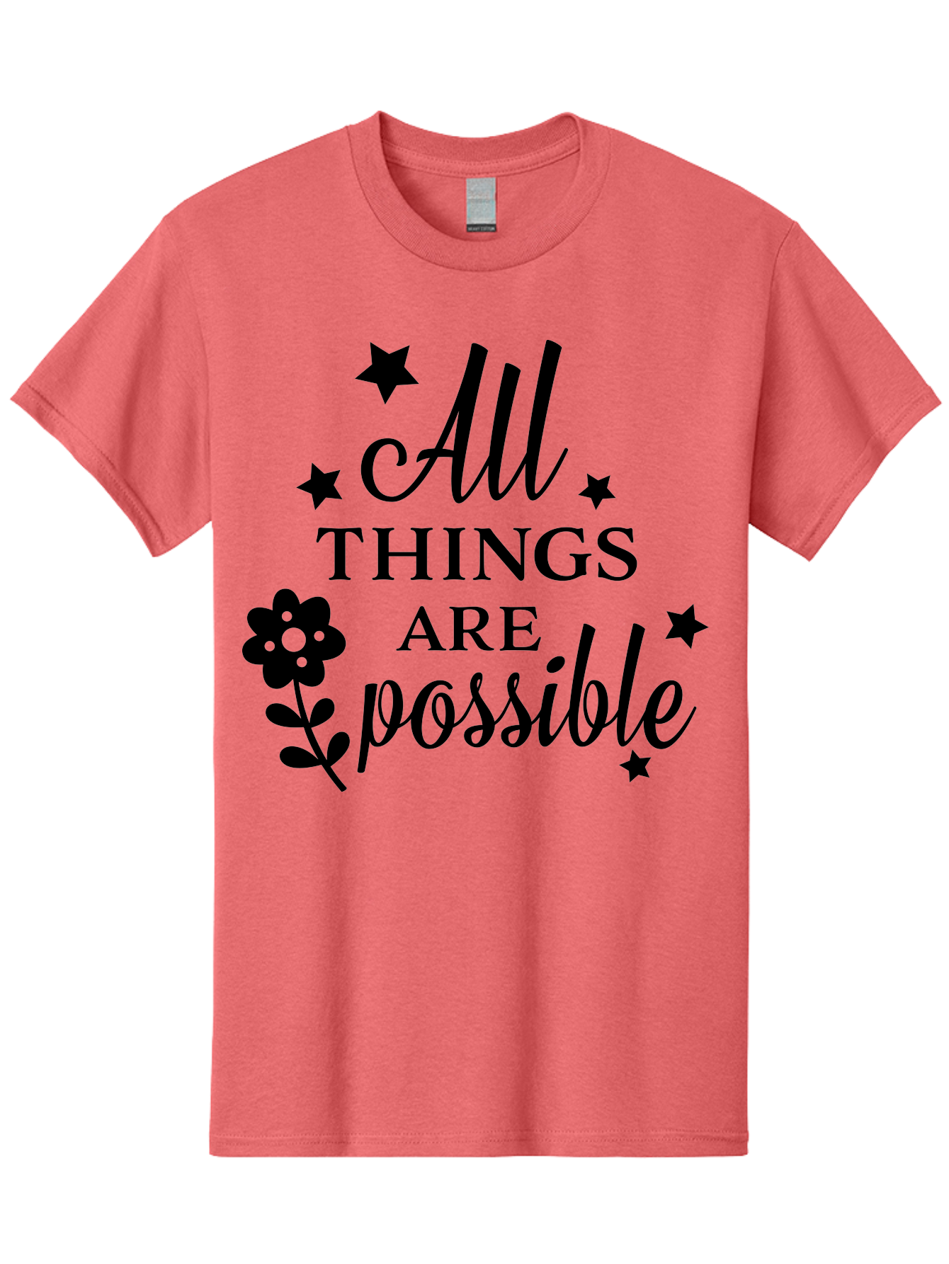 All-Things-Are-Possible Men'S Graphic Tee, 100% Cotton, Comfortable Casual Summer Wear, Machine Washable, Inspirational Quote, Motivational Message, Positive Affirmation, Black Text, Floral Design, Starry Accents, Motivational Wall Art, Aac460 21