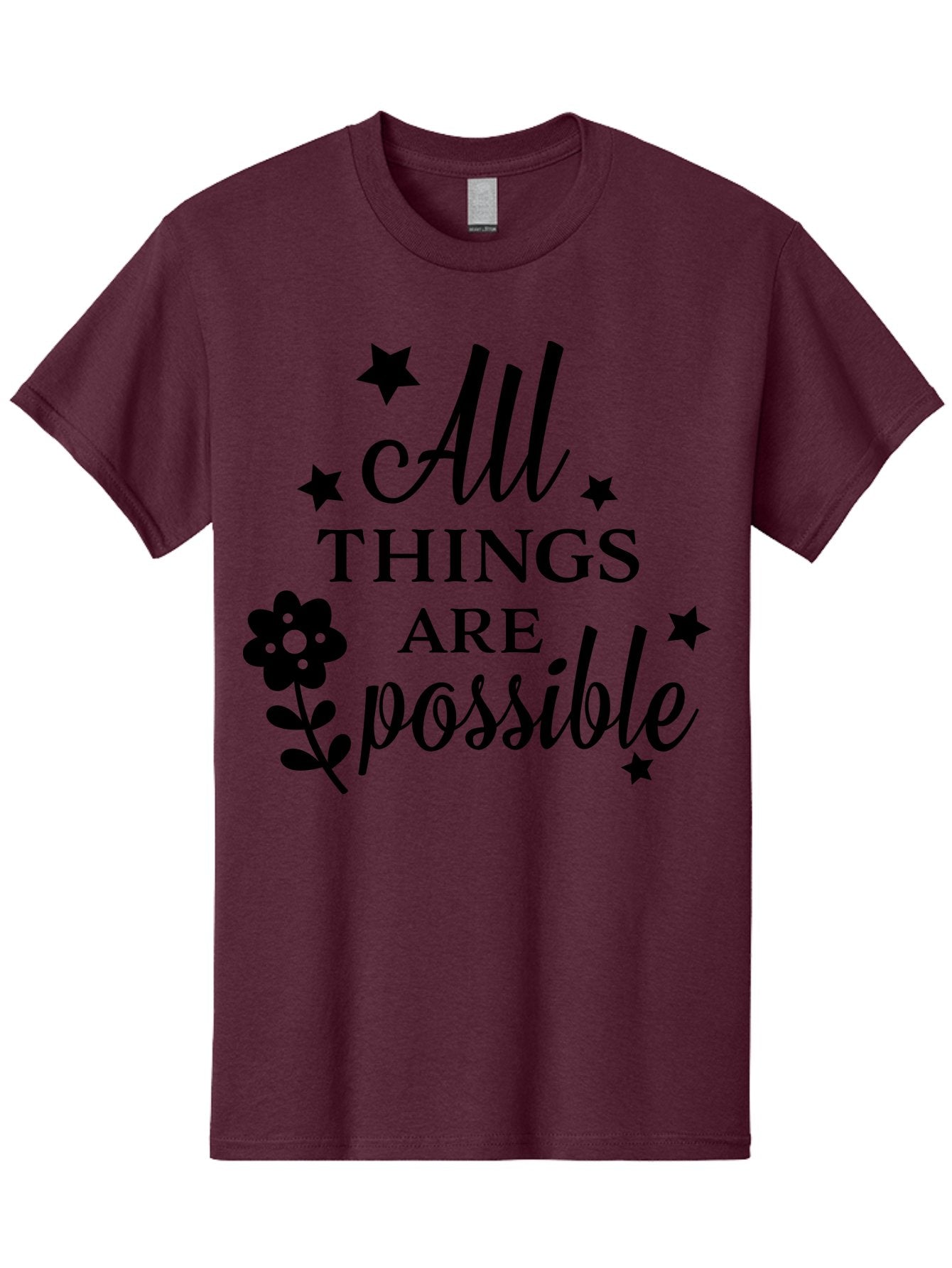 All-Things-Are-Possible Men'S Graphic Tee, 100% Cotton, Comfortable Casual Summer Wear, Machine Washable, Inspirational Quote, Motivational Message, Positive Affirmation, Black Text, Floral Design, Starry Accents, Motivational Wall Art, Aac460 15