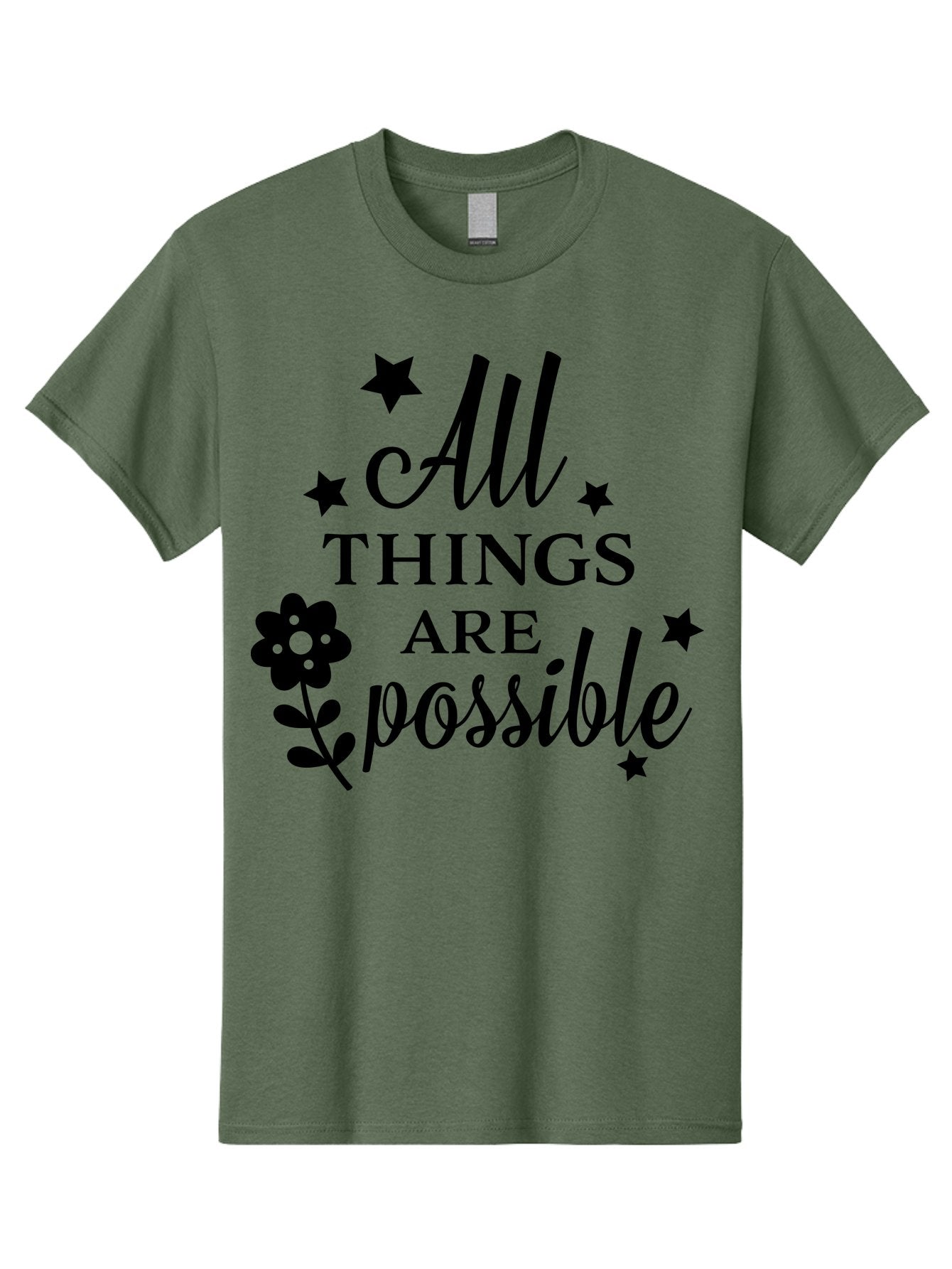 All-Things-Are-Possible Men'S Graphic Tee, 100% Cotton, Comfortable Casual Summer Wear, Machine Washable, Inspirational Quote, Motivational Message, Positive Affirmation, Black Text, Floral Design, Starry Accents, Motivational Wall Art, Aac460 5