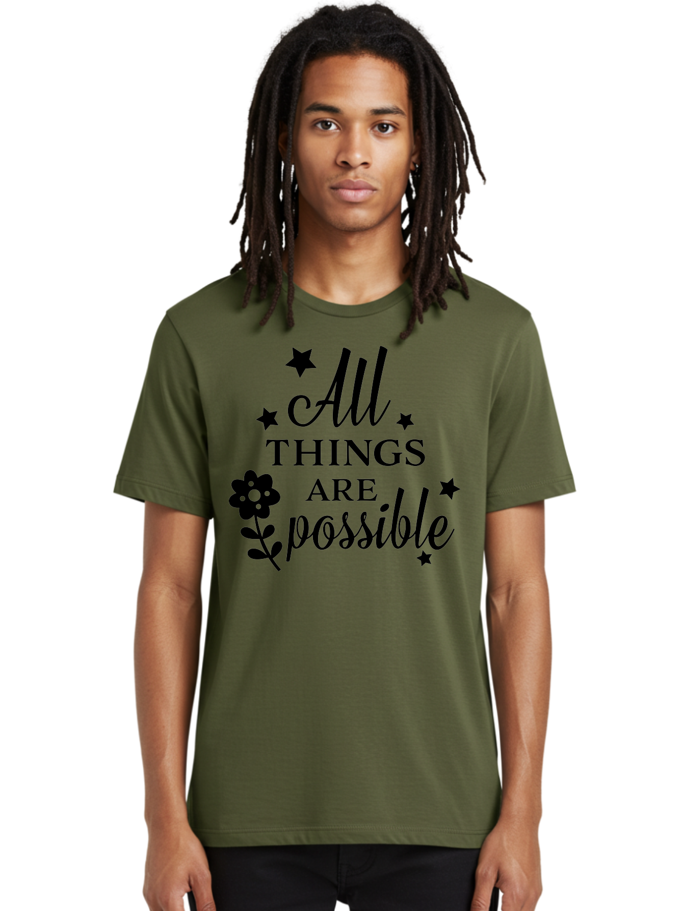 All-Things-Are-Possible Men'S Graphic Tee, 100% Cotton, Comfortable Casual Summer Wear, Machine Washable, Inspirational Quote, Motivational Message, Positive Affirmation, Black Text, Floral Design, Starry Accents, Motivational Wall Art, Aac460 16