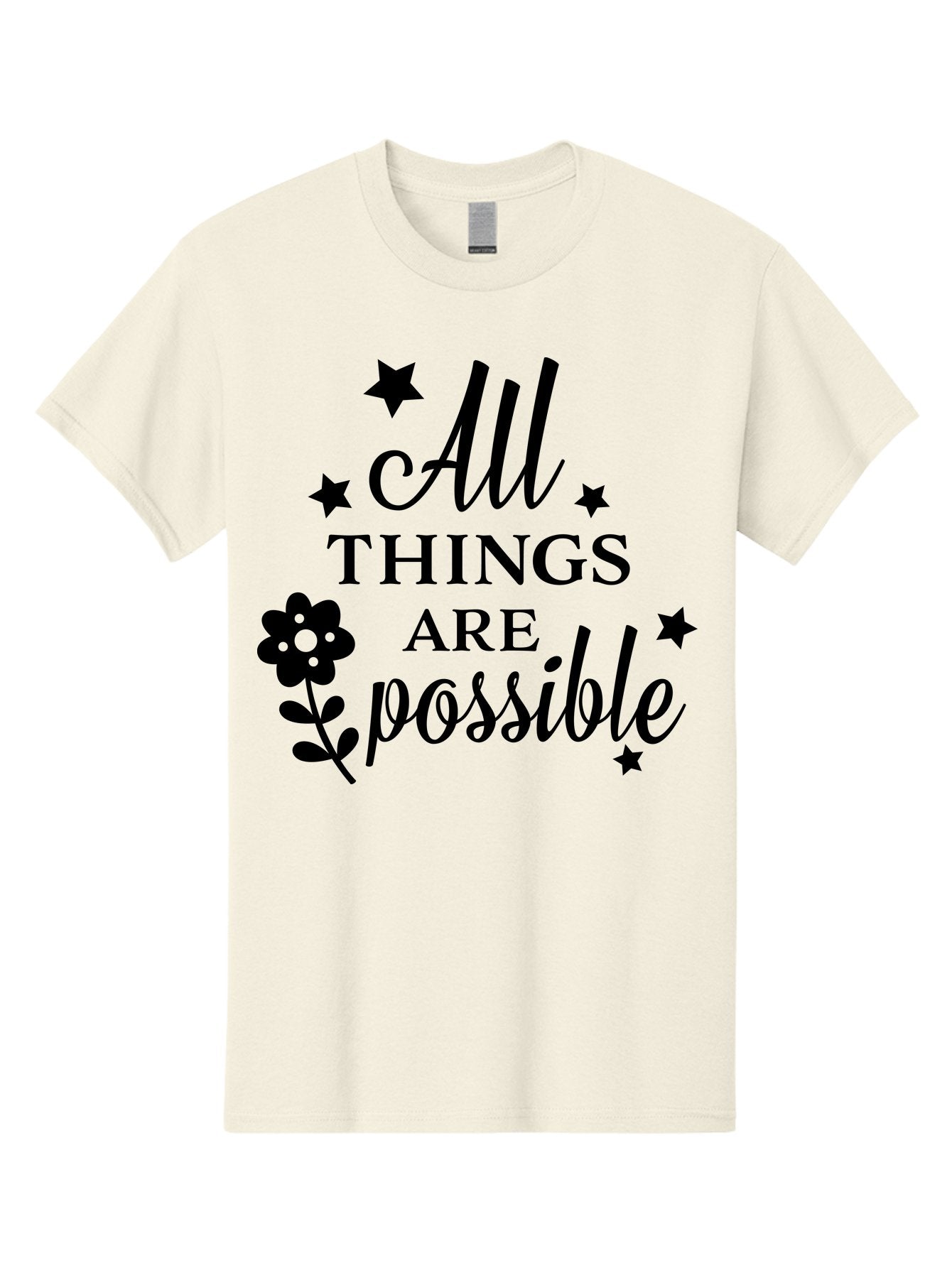 All-Things-Are-Possible Men'S Graphic Tee, 100% Cotton, Comfortable Casual Summer Wear, Machine Washable, Inspirational Quote, Motivational Message, Positive Affirmation, Black Text, Floral Design, Starry Accents, Motivational Wall Art, Aac460 4