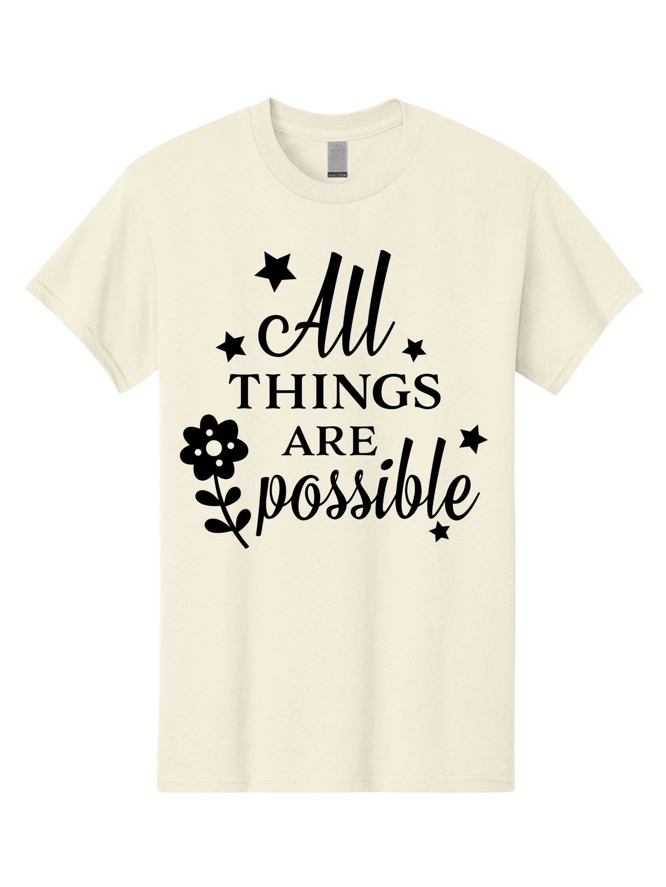 All-Things-Are-Possible Men'S Graphic Tee, 100% Cotton, Comfortable Casual Summer Wear, Machine Washable, Inspirational Quote, Motivational Message, Positive Affirmation, Black Text, Floral Design, Starry Accents, Motivational Wall Art, Aac460 23