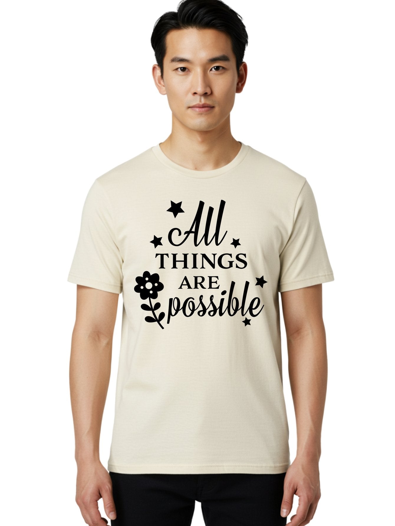 All-Things-Are-Possible Men'S Graphic Tee, 100% Cotton, Comfortable Casual Summer Wear, Machine Washable, Inspirational Quote, Motivational Message, Positive Affirmation, Black Text, Floral Design, Starry Accents, Motivational Wall Art, Aac460 18