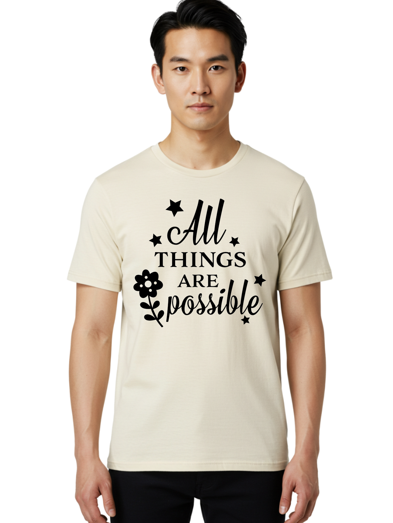 All-Things-Are-Possible Men'S Graphic Tee, 100% Cotton, Comfortable Casual Summer Wear, Machine Washable, Inspirational Quote, Motivational Message, Positive Affirmation, Black Text, Floral Design, Starry Accents, Motivational Wall Art, Aac460 24