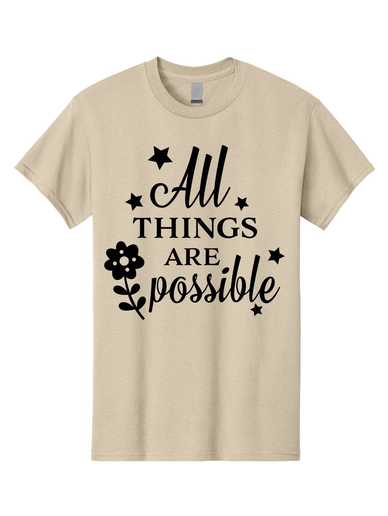 All-Things-Are-Possible Men'S Graphic Tee, 100% Cotton, Comfortable Casual Summer Wear, Machine Washable, Inspirational Quote, Motivational Message, Positive Affirmation, Black Text, Floral Design, Starry Accents, Motivational Wall Art, Aac460 14