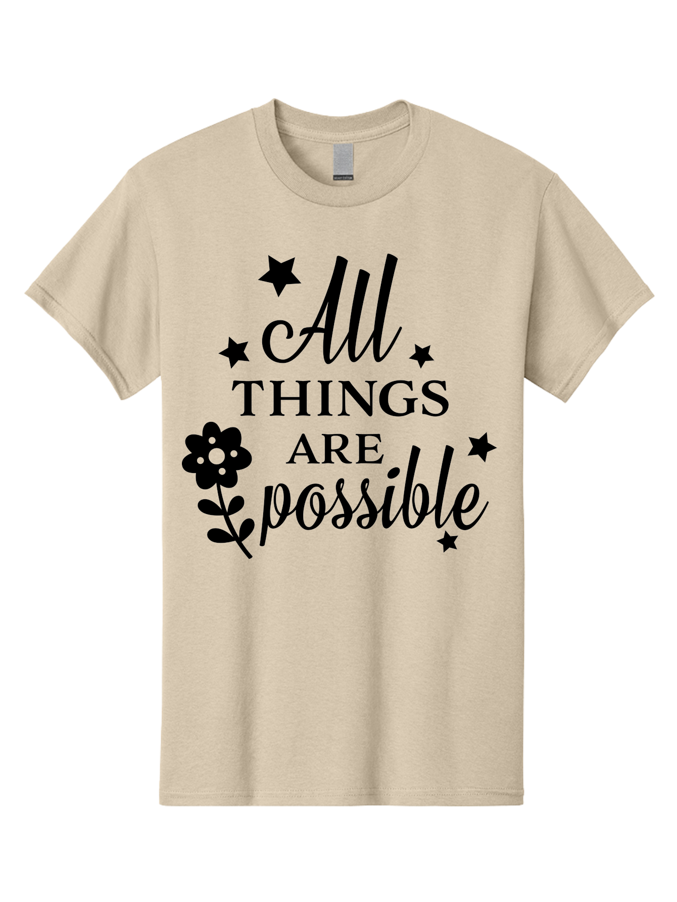 All-Things-Are-Possible Men'S Graphic Tee, 100% Cotton, Comfortable Casual Summer Wear, Machine Washable, Inspirational Quote, Motivational Message, Positive Affirmation, Black Text, Floral Design, Starry Accents, Motivational Wall Art, Aac460 3