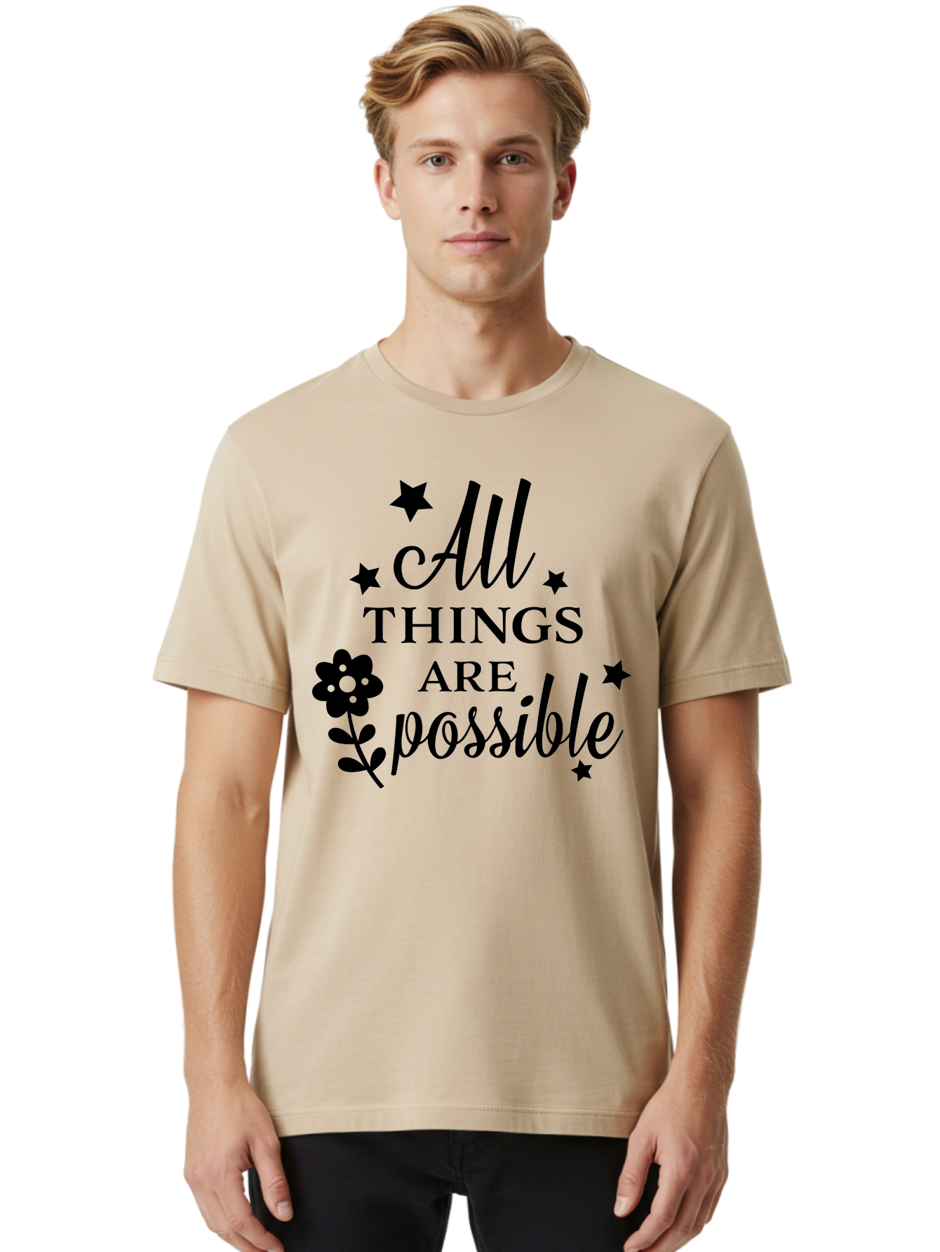 All-Things-Are-Possible Men'S Graphic Tee, 100% Cotton, Comfortable Casual Summer Wear, Machine Washable, Inspirational Quote, Motivational Message, Positive Affirmation, Black Text, Floral Design, Starry Accents, Motivational Wall Art, Aac460 4