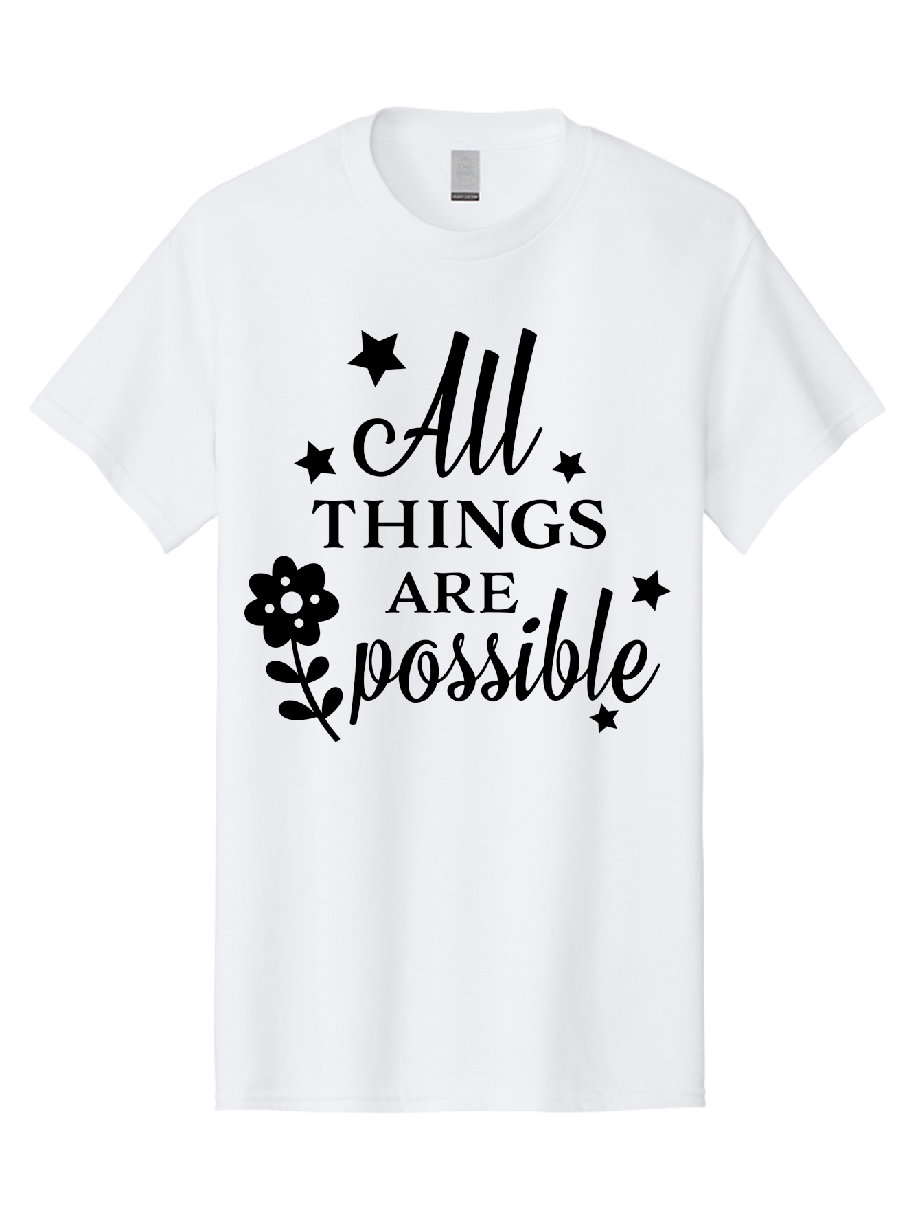All-Things-Are-Possible Men'S Graphic Tee, 100% Cotton, Comfortable Casual Summer Wear, Machine Washable, Inspirational Quote, Motivational Message, Positive Affirmation, Black Text, Floral Design, Starry Accents, Motivational Wall Art, Aac460 25