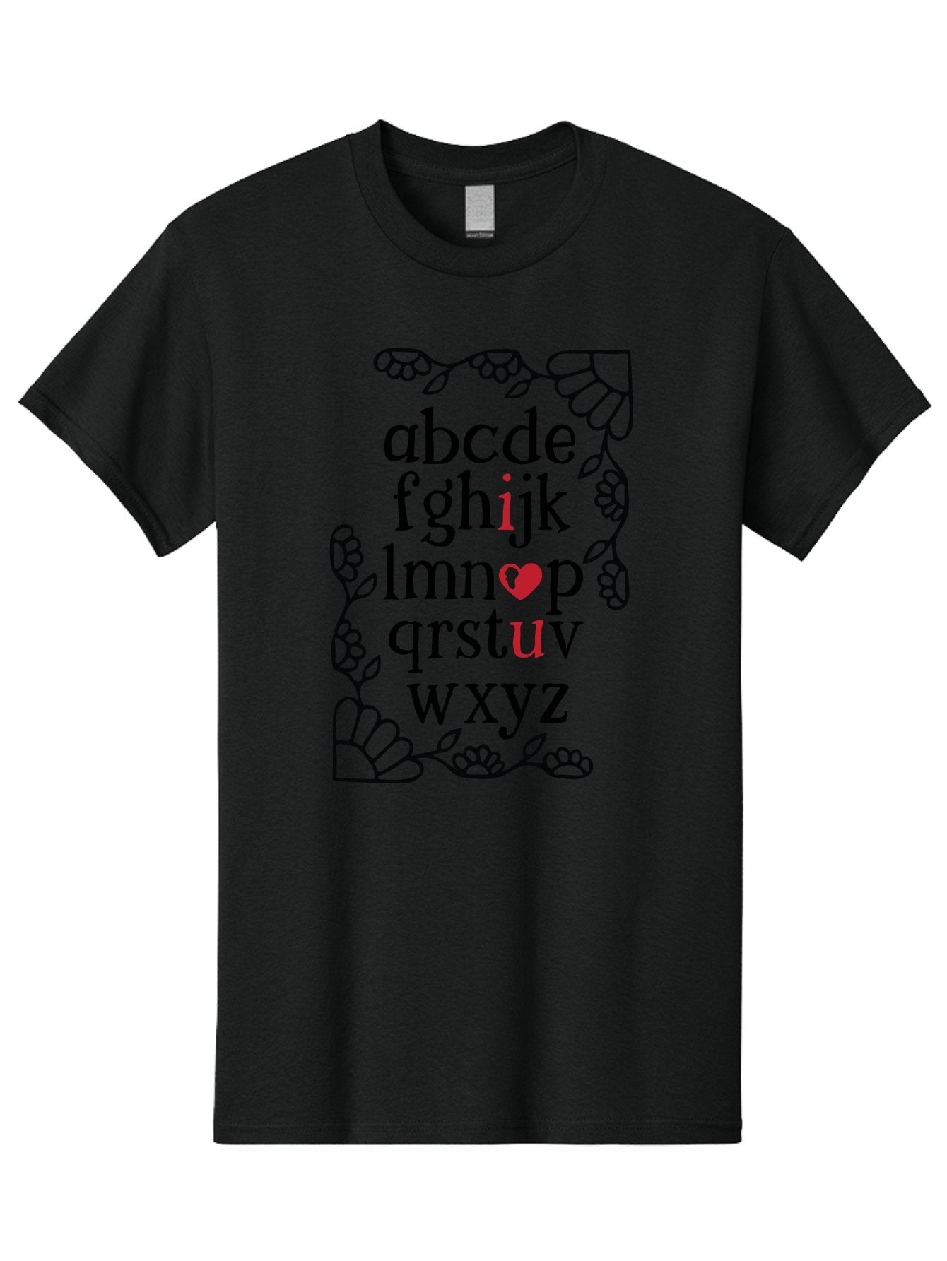 Alphabet-Abcdefghijklmnopqrstuvwxyz Men'S Graphic Tee, 100% Cotton, Comfortable Casual Summer Wear, Machine Washable, Typography Illustration, Alphabet Letters, Floral Vines, Paw Prints, Heart Symbol, Red Accents, Black Font, Creative Design, Aac465 3