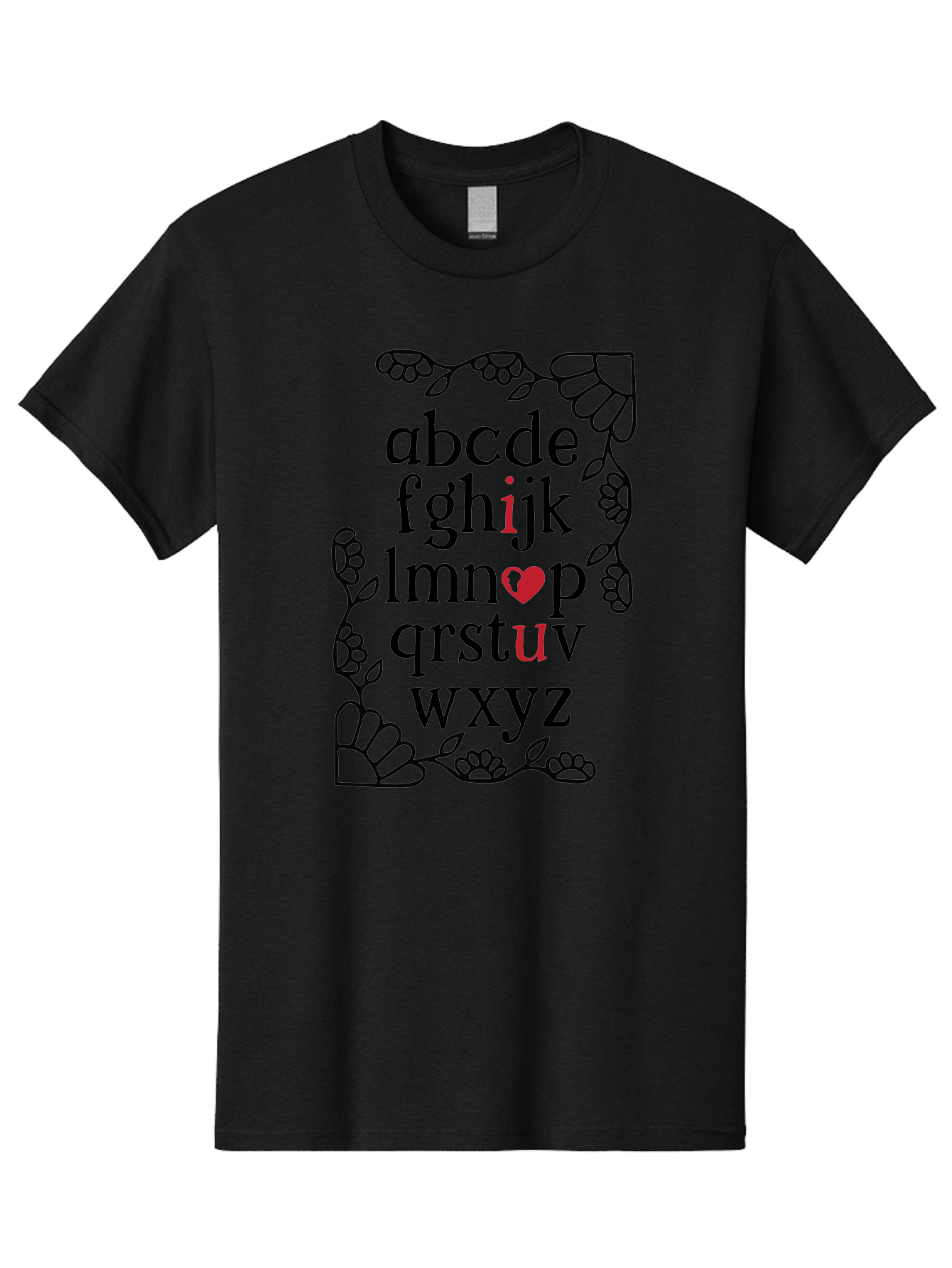 Alphabet-Abcdefghijklmnopqrstuvwxyz Men'S Graphic Tee, 100% Cotton, Comfortable Casual Summer Wear, Machine Washable, Typography Illustration, Alphabet Letters, Floral Vines, Paw Prints, Heart Symbol, Red Accents, Black Font, Creative Design, Aac465 17