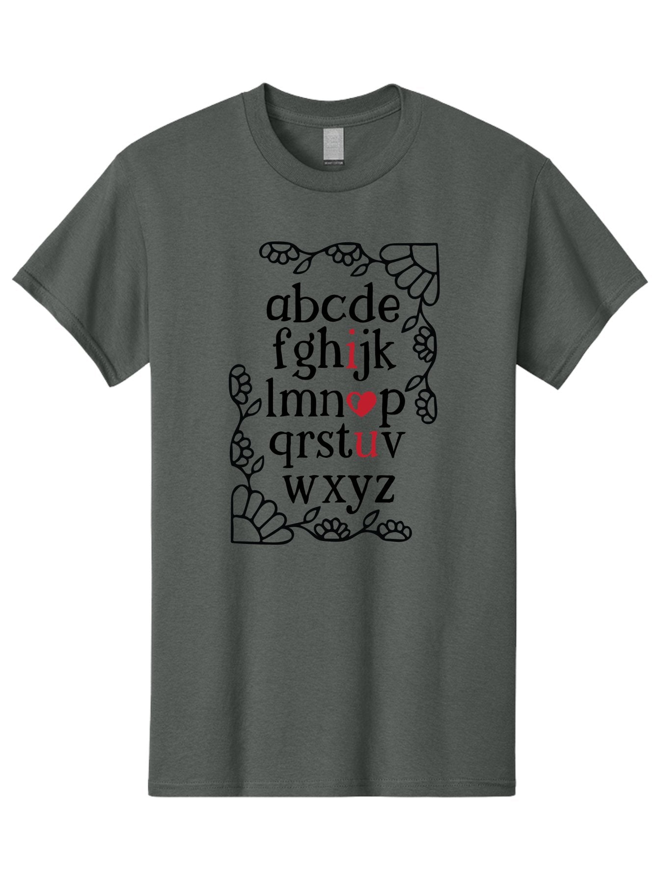 Alphabet-Abcdefghijklmnopqrstuvwxyz Men'S Graphic Tee, 100% Cotton, Comfortable Casual Summer Wear, Machine Washable, Typography Illustration, Alphabet Letters, Floral Vines, Paw Prints, Heart Symbol, Red Accents, Black Font, Creative Design, Aac465 14