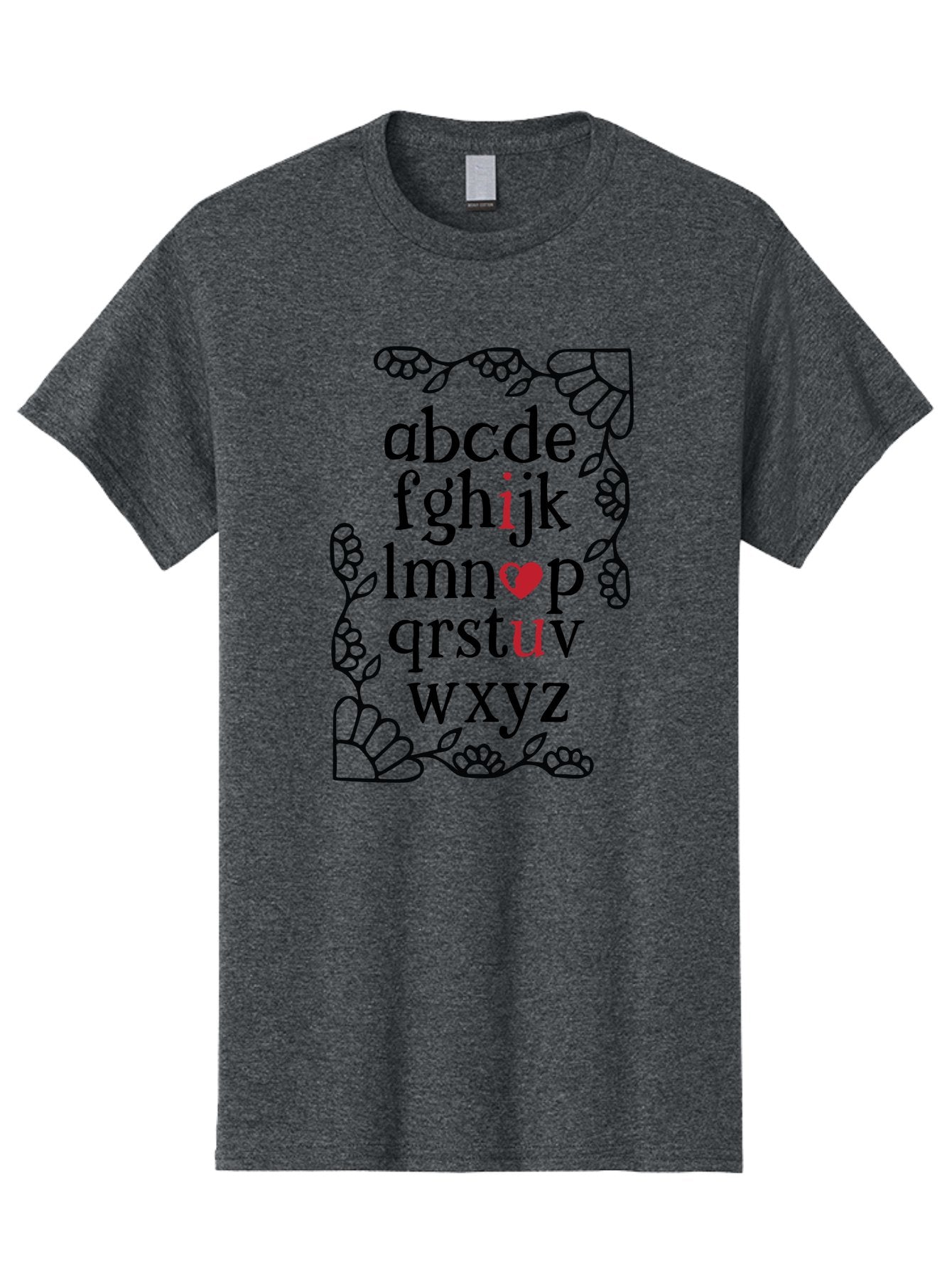 Alphabet-Abcdefghijklmnopqrstuvwxyz Men'S Graphic Tee, 100% Cotton, Comfortable Casual Summer Wear, Machine Washable, Typography Illustration, Alphabet Letters, Floral Vines, Paw Prints, Heart Symbol, Red Accents, Black Font, Creative Design, Aac465 8