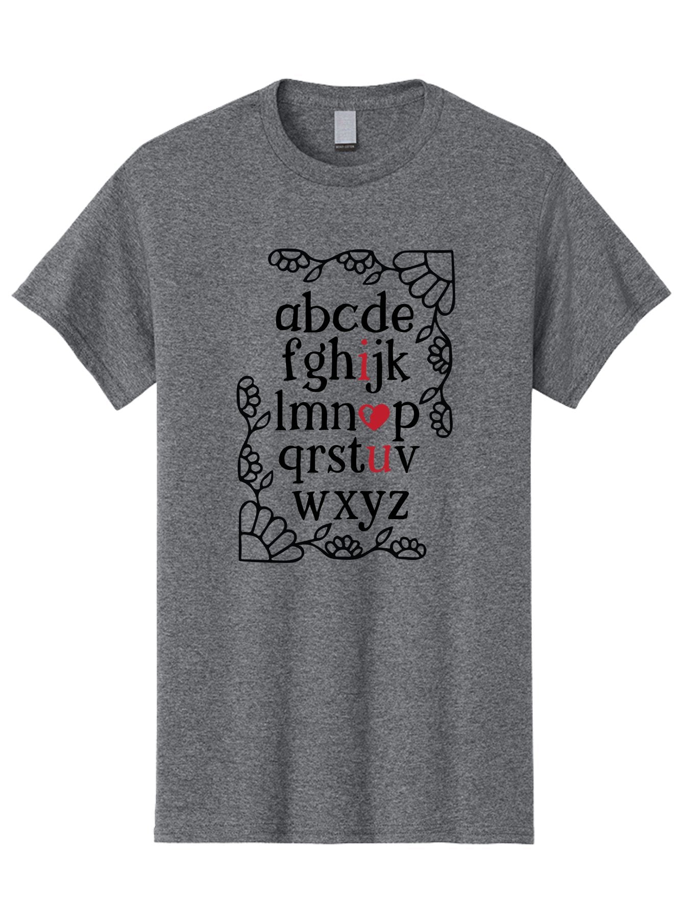 Alphabet-Abcdefghijklmnopqrstuvwxyz Men'S Graphic Tee, 100% Cotton, Comfortable Casual Summer Wear, Machine Washable, Typography Illustration, Alphabet Letters, Floral Vines, Paw Prints, Heart Symbol, Red Accents, Black Font, Creative Design, Aac465 10