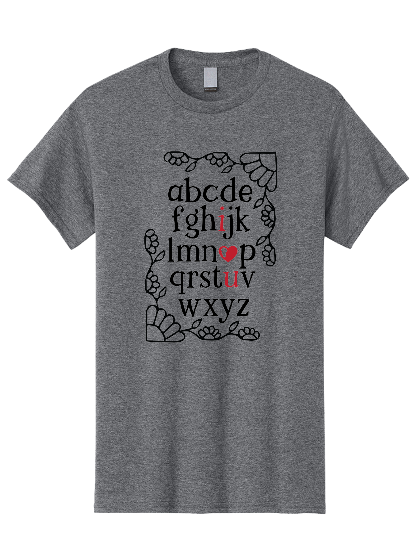 Alphabet-Abcdefghijklmnopqrstuvwxyz Men'S Graphic Tee, 100% Cotton, Comfortable Casual Summer Wear, Machine Washable, Typography Illustration, Alphabet Letters, Floral Vines, Paw Prints, Heart Symbol, Red Accents, Black Font, Creative Design, Aac465 27