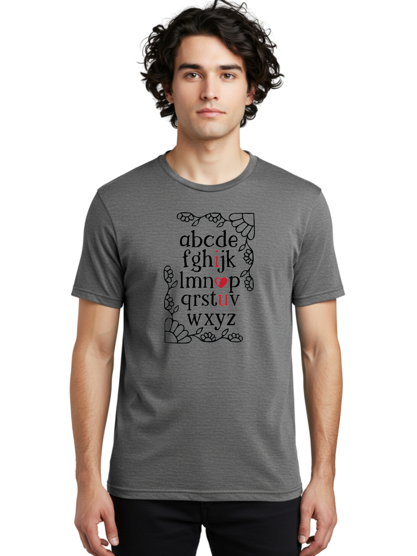 Alphabet-Abcdefghijklmnopqrstuvwxyz Men'S Graphic Tee, 100% Cotton, Comfortable Casual Summer Wear, Machine Washable, Typography Illustration, Alphabet Letters, Floral Vines, Paw Prints, Heart Symbol, Red Accents, Black Font, Creative Design, Aac465 28