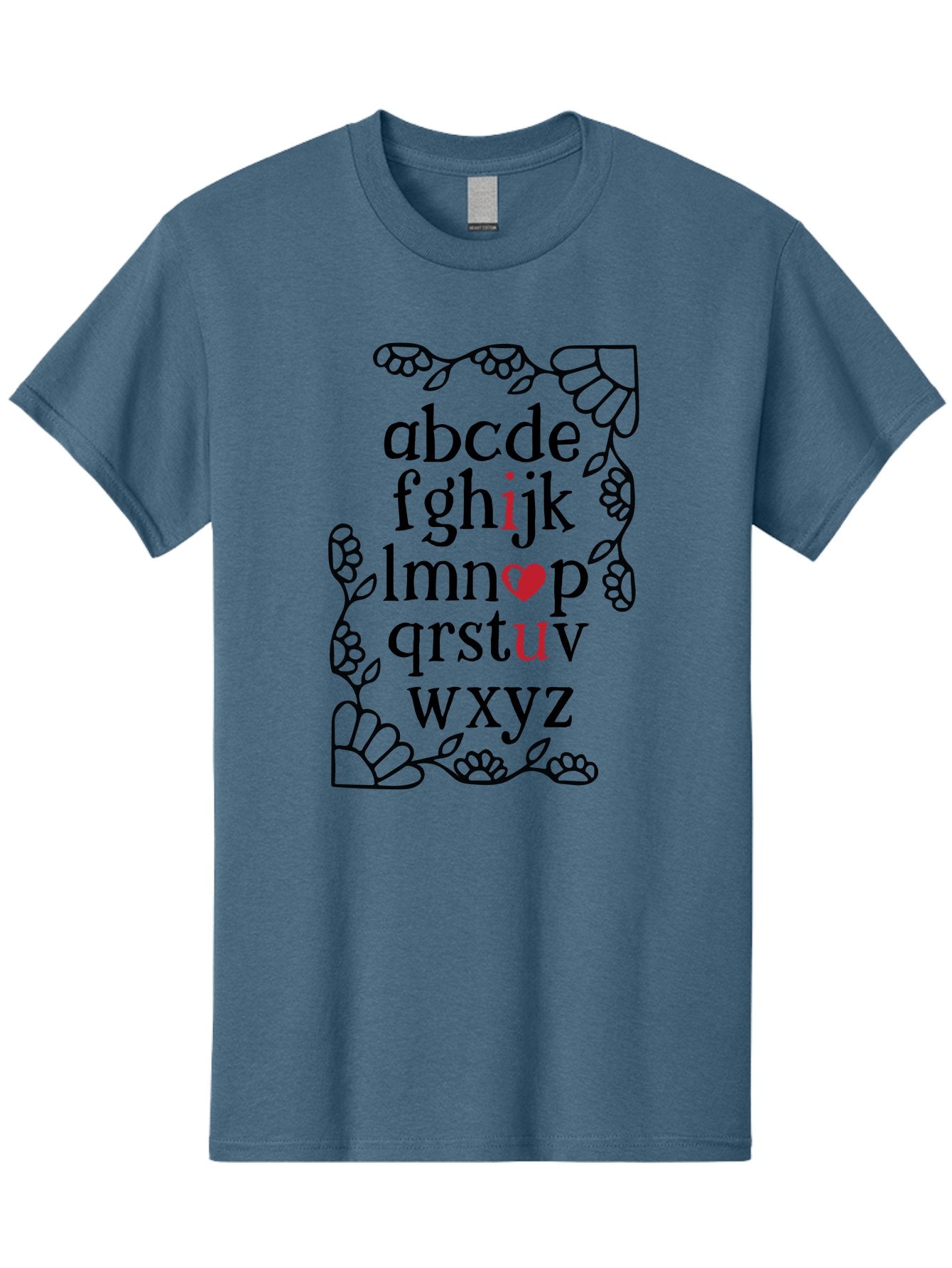 Alphabet-Abcdefghijklmnopqrstuvwxyz Men'S Graphic Tee, 100% Cotton, Comfortable Casual Summer Wear, Machine Washable, Typography Illustration, Alphabet Letters, Floral Vines, Paw Prints, Heart Symbol, Red Accents, Black Font, Creative Design, Aac465 13