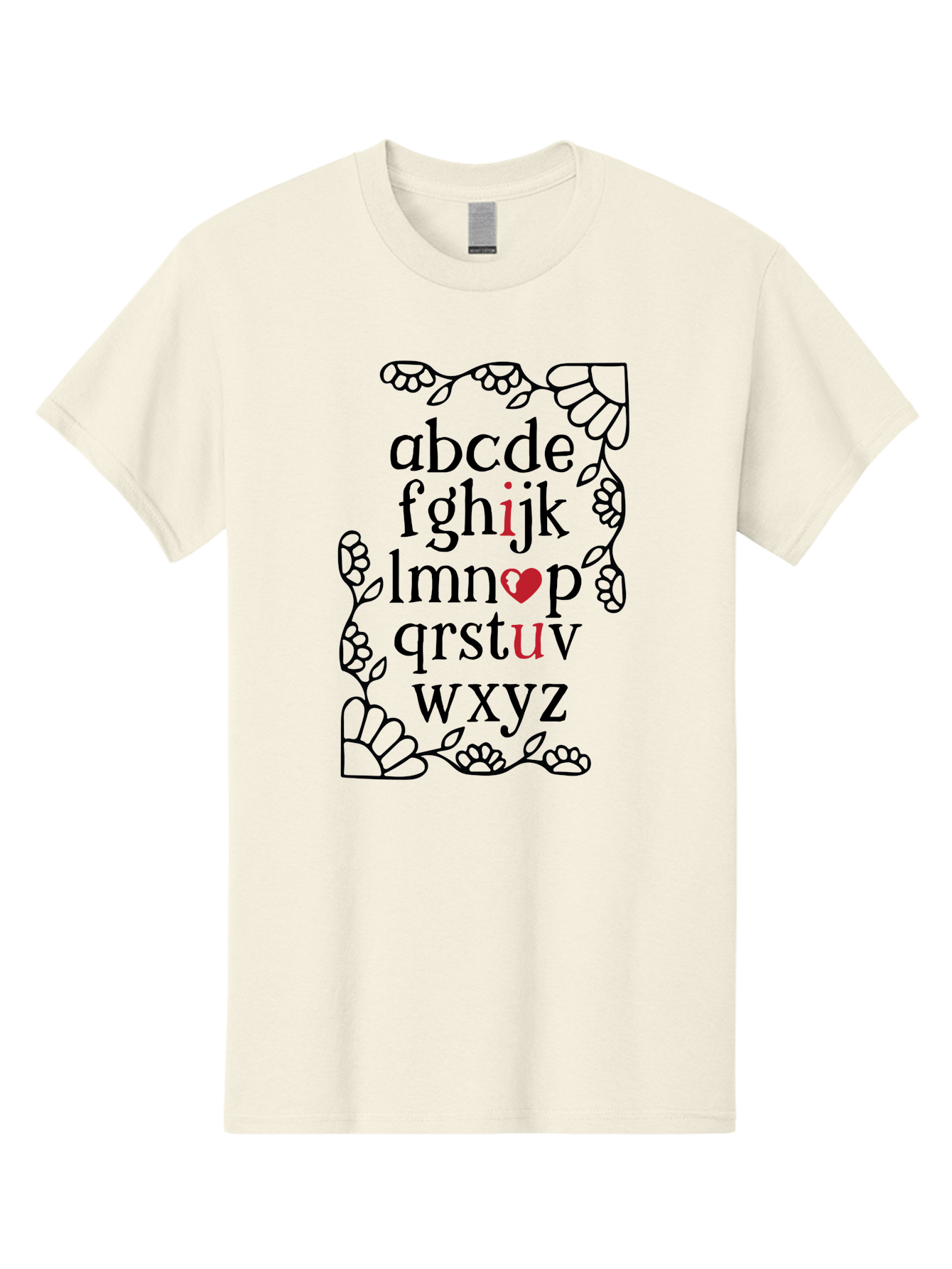 Alphabet-Abcdefghijklmnopqrstuvwxyz Men'S Graphic Tee, 100% Cotton, Comfortable Casual Summer Wear, Machine Washable, Typography Illustration, Alphabet Letters, Floral Vines, Paw Prints, Heart Symbol, Red Accents, Black Font, Creative Design, Aac465