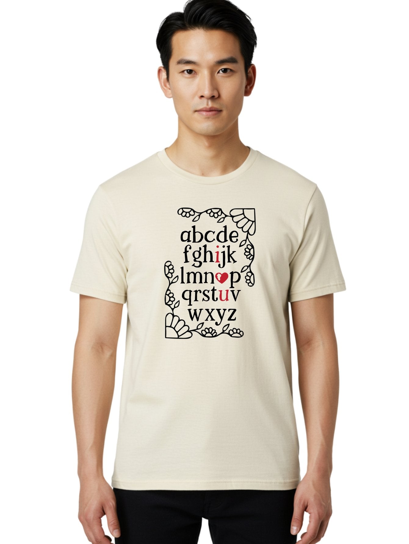 Alphabet-Abcdefghijklmnopqrstuvwxyz Men'S Graphic Tee, 100% Cotton, Comfortable Casual Summer Wear, Machine Washable, Typography Illustration, Alphabet Letters, Floral Vines, Paw Prints, Heart Symbol, Red Accents, Black Font, Creative Design, Aac465 30