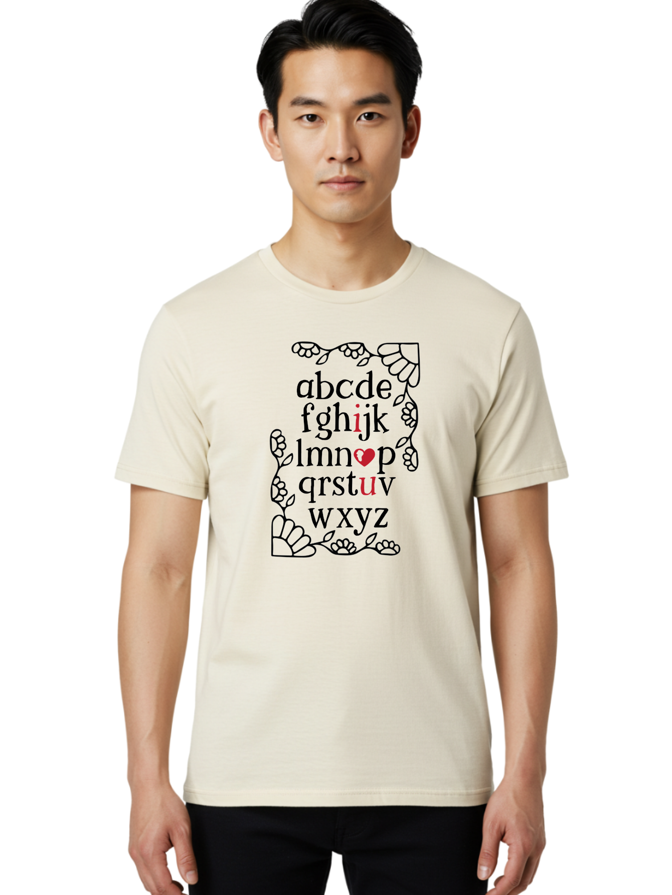 Alphabet-Abcdefghijklmnopqrstuvwxyz Men'S Graphic Tee, 100% Cotton, Comfortable Casual Summer Wear, Machine Washable, Typography Illustration, Alphabet Letters, Floral Vines, Paw Prints, Heart Symbol, Red Accents, Black Font, Creative Design, Aac465