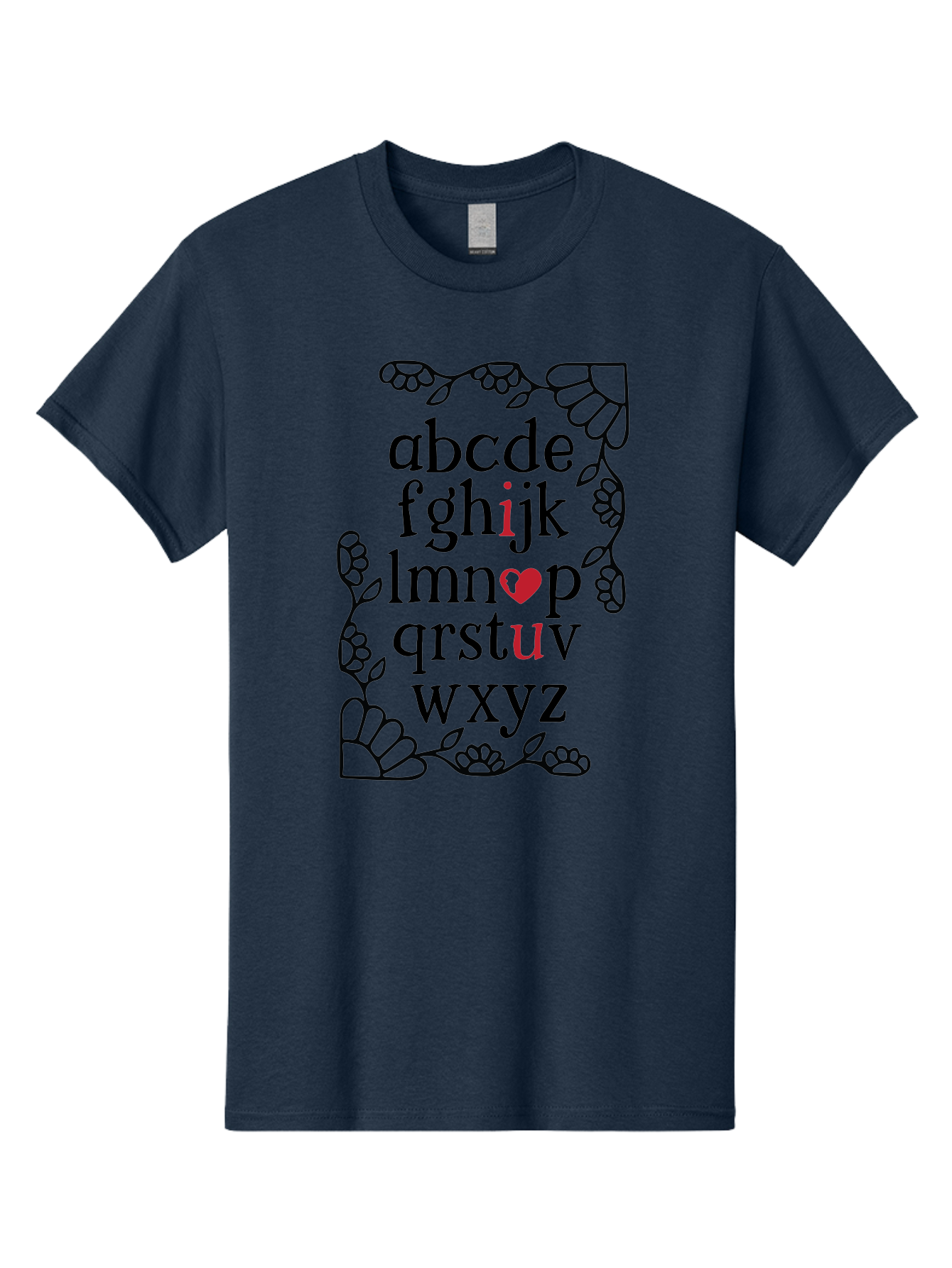 Alphabet-Abcdefghijklmnopqrstuvwxyz Men'S Graphic Tee, 100% Cotton, Comfortable Casual Summer Wear, Machine Washable, Typography Illustration, Alphabet Letters, Floral Vines, Paw Prints, Heart Symbol, Red Accents, Black Font, Creative Design, Aac465 25