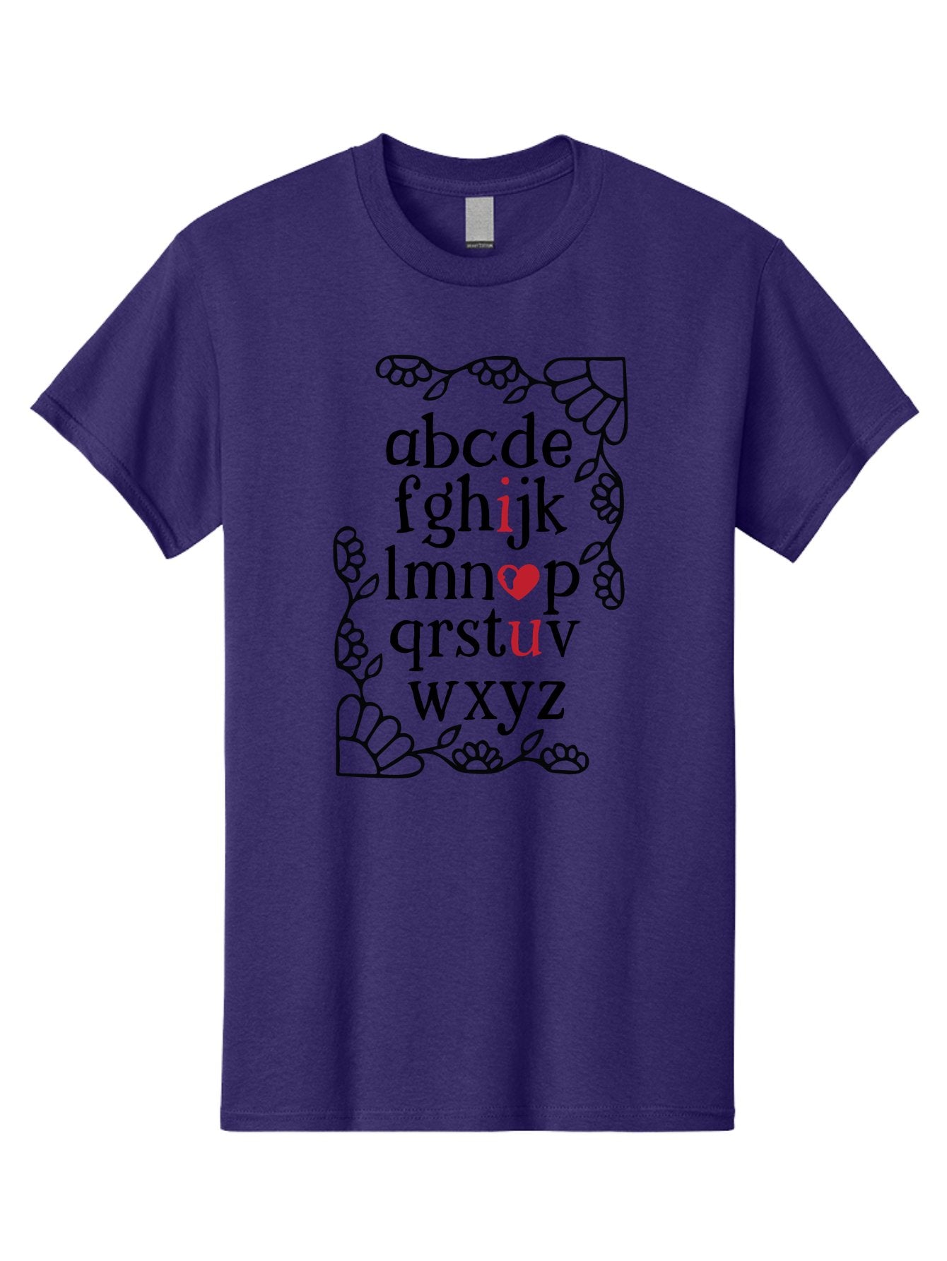 Alphabet-Abcdefghijklmnopqrstuvwxyz Men'S Graphic Tee, 100% Cotton, Comfortable Casual Summer Wear, Machine Washable, Typography Illustration, Alphabet Letters, Floral Vines, Paw Prints, Heart Symbol, Red Accents, Black Font, Creative Design, Aac465 6