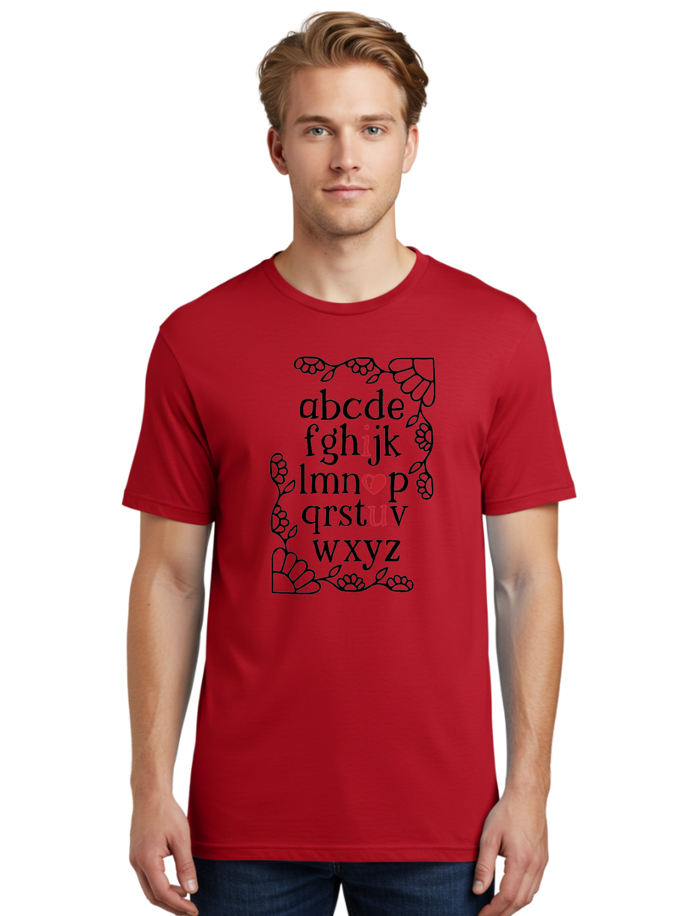 Alphabet-Abcdefghijklmnopqrstuvwxyz Men'S Graphic Tee, 100% Cotton, Comfortable Casual Summer Wear, Machine Washable, Typography Illustration, Alphabet Letters, Floral Vines, Paw Prints, Heart Symbol, Red Accents, Black Font, Creative Design, Aac465 20