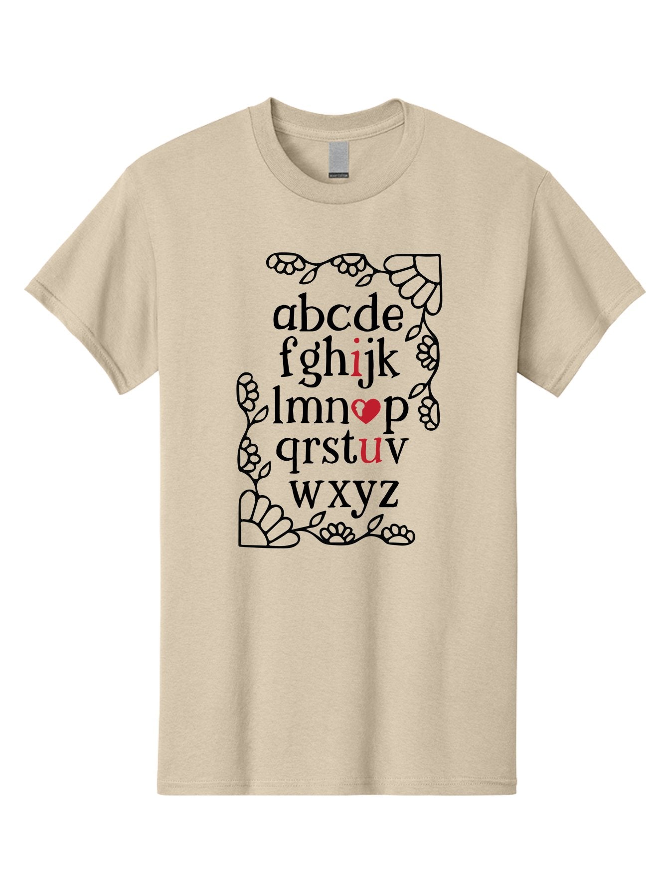 Alphabet-Abcdefghijklmnopqrstuvwxyz Men'S Graphic Tee, 100% Cotton, Comfortable Casual Summer Wear, Machine Washable, Typography Illustration, Alphabet Letters, Floral Vines, Paw Prints, Heart Symbol, Red Accents, Black Font, Creative Design, Aac465 4