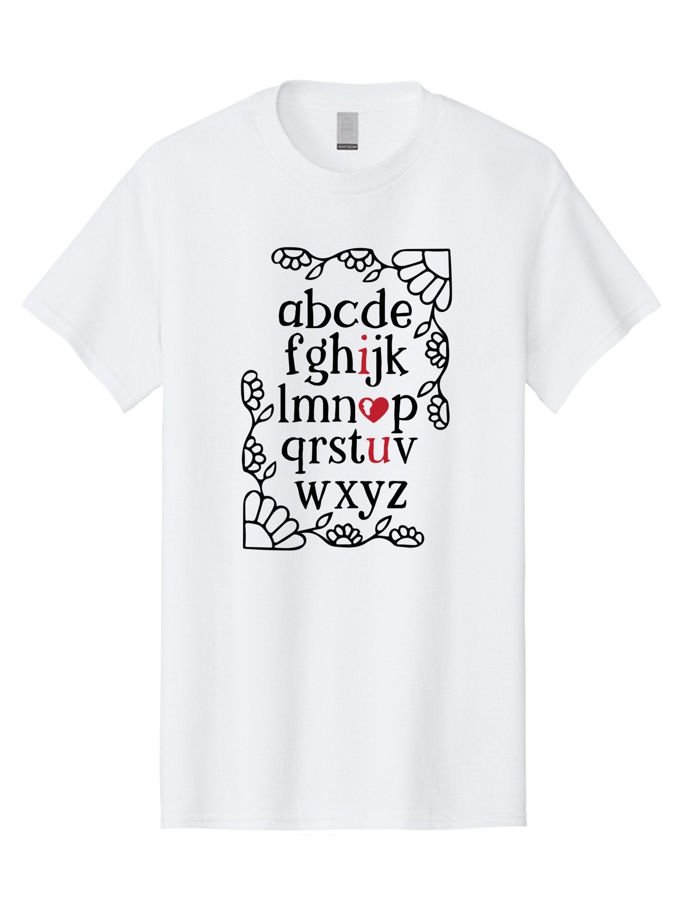 Alphabet-Abcdefghijklmnopqrstuvwxyz Men'S Graphic Tee, 100% Cotton, Comfortable Casual Summer Wear, Machine Washable, Typography Illustration, Alphabet Letters, Floral Vines, Paw Prints, Heart Symbol, Red Accents, Black Font, Creative Design, Aac465
