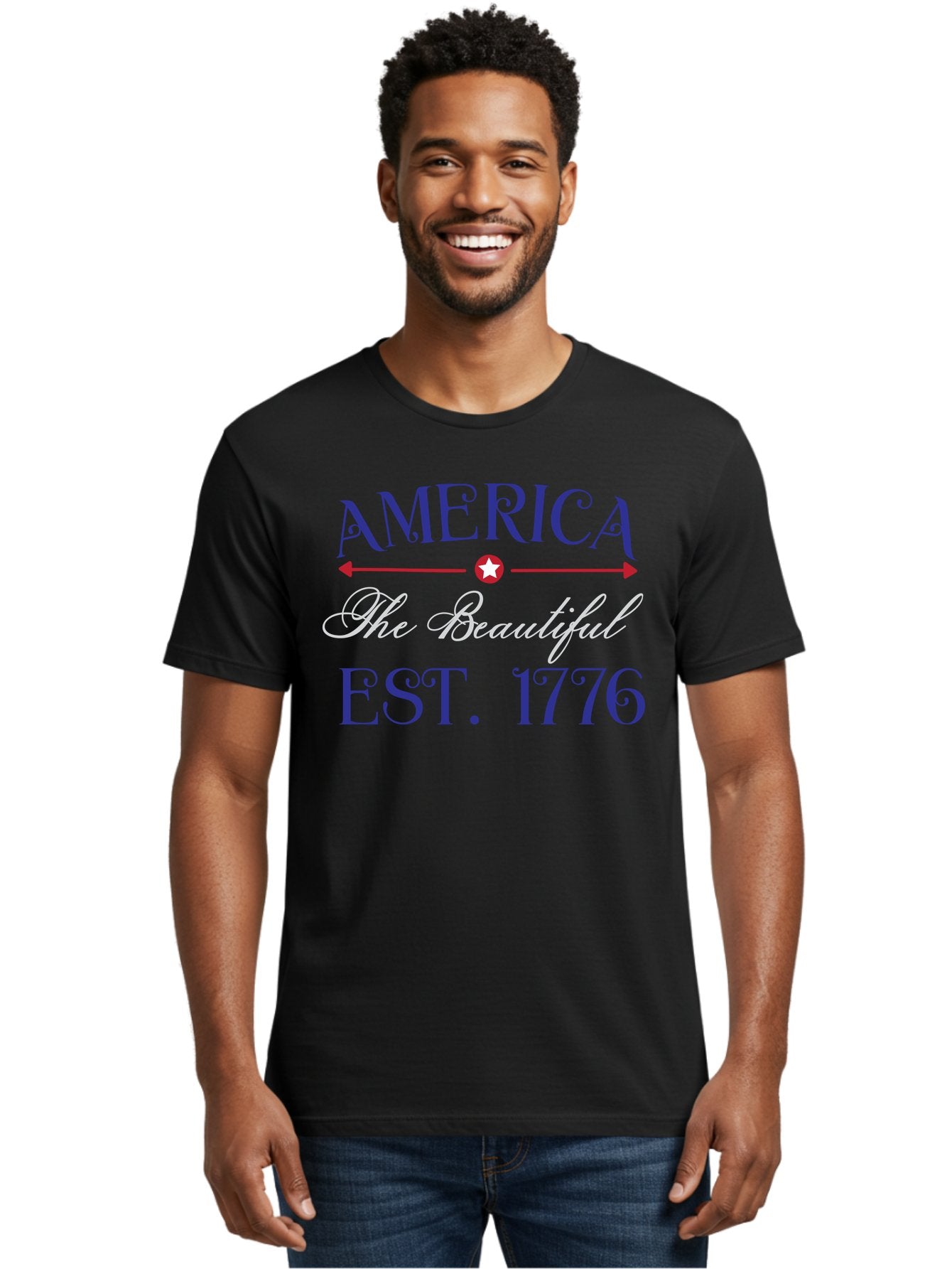 America-The-Beautiful-Est-1776 Men'S Graphic Tee, 100% Cotton, Comfortable Casual Summer Wear, Machine Washable, America The Beautiful, Patriotic Design, Vintage Typography, Star Symbol, Red White And Blue, 4Th Of July, Independence Day, Aac469 22