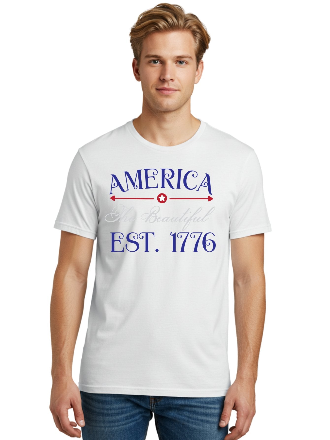 America-The-Beautiful-Est-1776 Men'S Graphic Tee, 100% Cotton, Comfortable Casual Summer Wear, Machine Washable, America The Beautiful, Patriotic Design, Vintage Typography, Star Symbol, Red White And Blue, 4Th Of July, Independence Day, Aac469 20