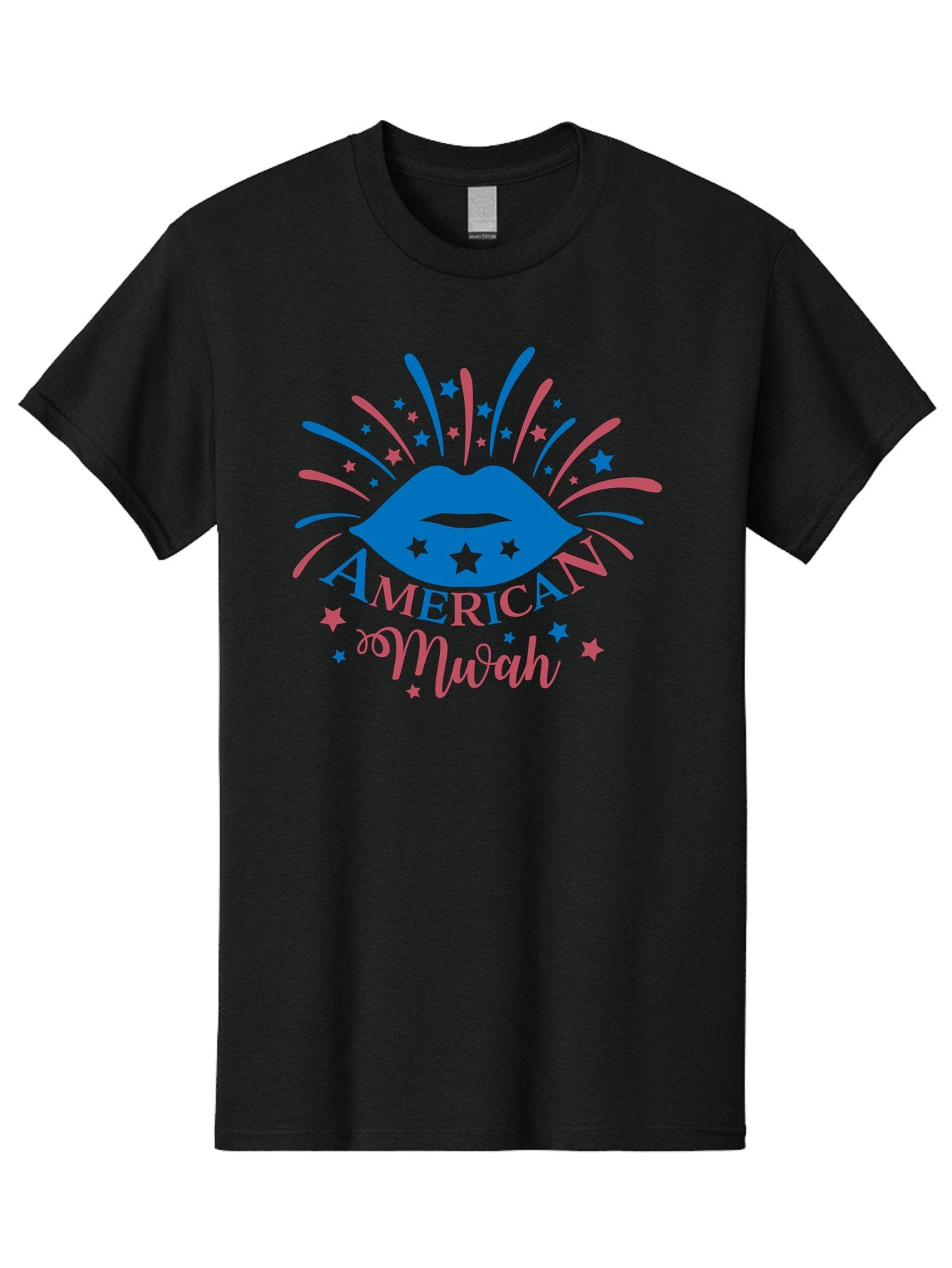 American-Mwah Men'S Graphic Tee, 100% Cotton, Comfortable Casual Summer Wear, Machine Washable, Blue Lips, Starry Design, Vibrant Colors, Playful Graphics, American Mwah, Kiss Mark, Festive Atmosphere, Celebratory Theme, Pop Art Style, Aac470 13