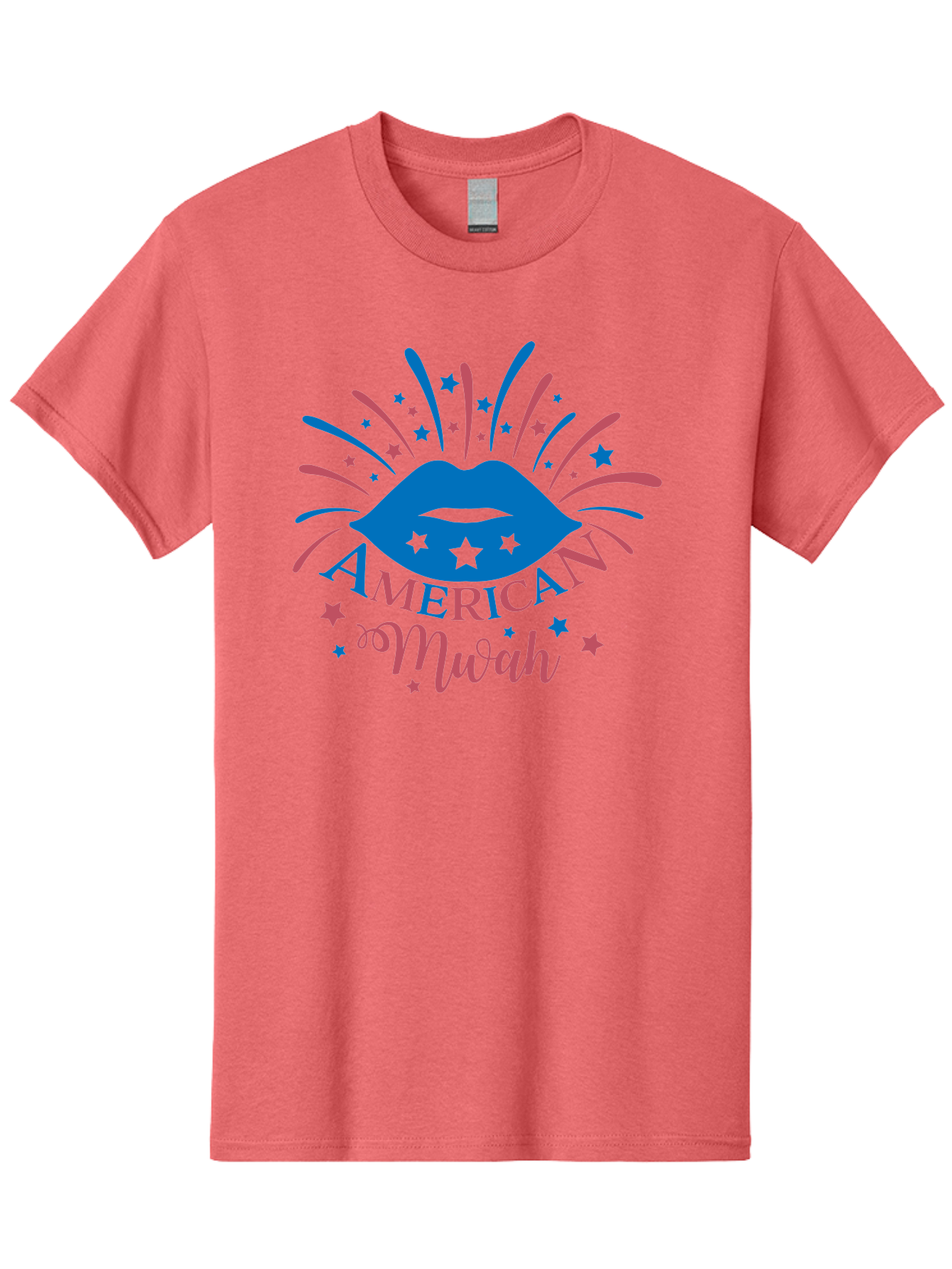 American-Mwah Men'S Graphic Tee, 100% Cotton, Comfortable Casual Summer Wear, Machine Washable, Blue Lips, Starry Design, Vibrant Colors, Playful Graphics, American Mwah, Kiss Mark, Festive Atmosphere, Celebratory Theme, Pop Art Style, Aac470 23