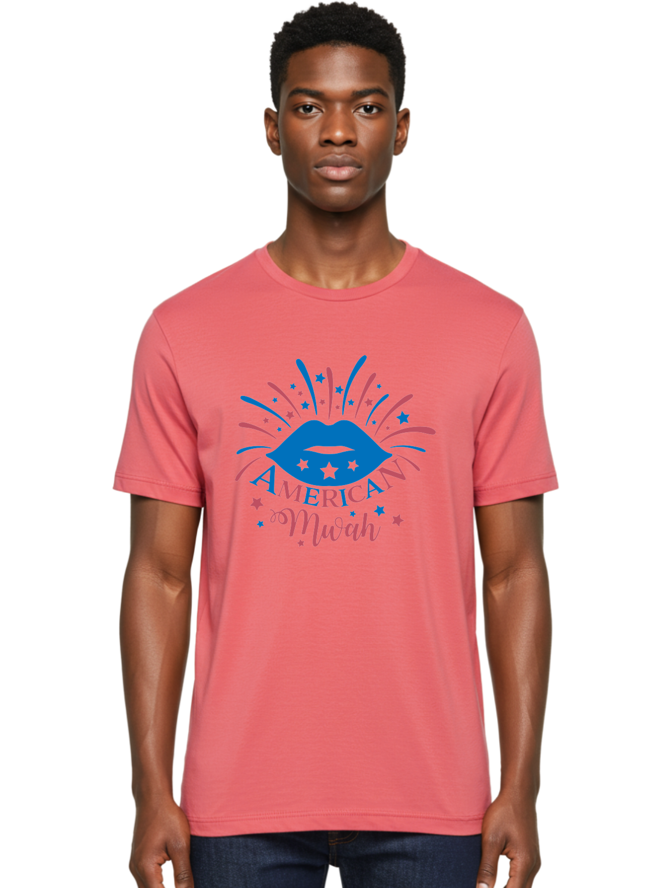 American-Mwah Men'S Graphic Tee, 100% Cotton, Comfortable Casual Summer Wear, Machine Washable, Blue Lips, Starry Design, Vibrant Colors, Playful Graphics, American Mwah, Kiss Mark, Festive Atmosphere, Celebratory Theme, Pop Art Style, Aac470 24