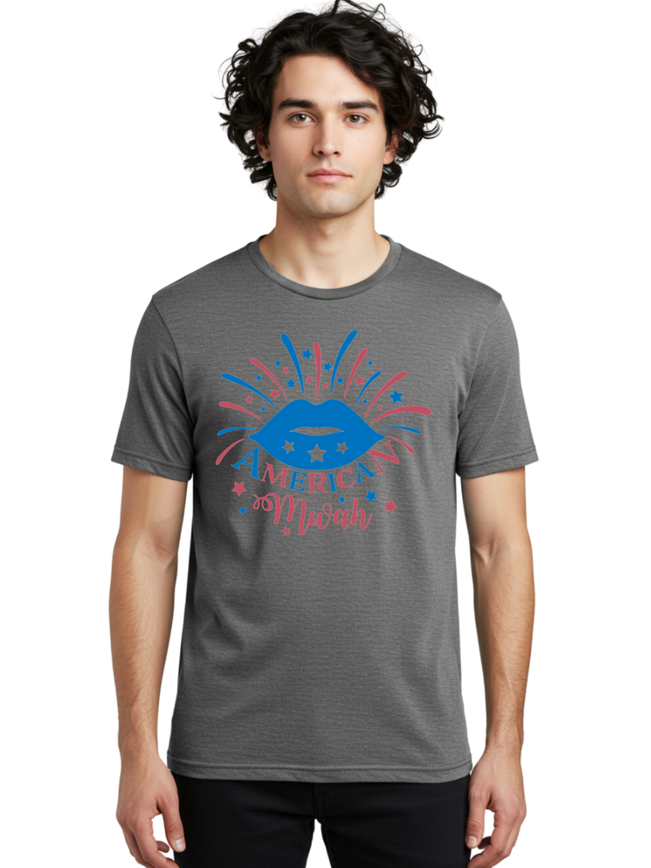 American-Mwah Men'S Graphic Tee, 100% Cotton, Comfortable Casual Summer Wear, Machine Washable, Blue Lips, Starry Design, Vibrant Colors, Playful Graphics, American Mwah, Kiss Mark, Festive Atmosphere, Celebratory Theme, Pop Art Style, Aac470 4