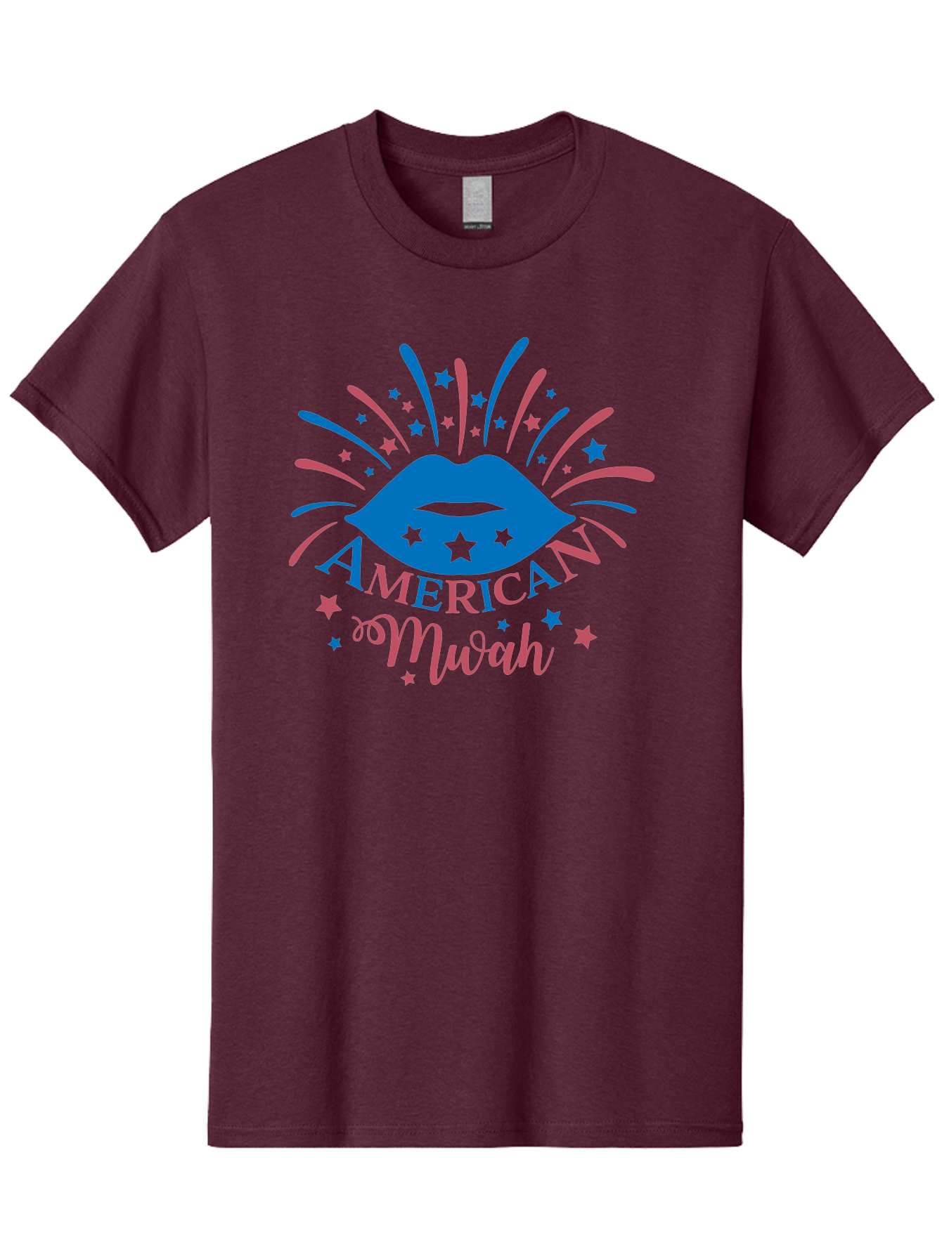 American-Mwah Men'S Graphic Tee, 100% Cotton, Comfortable Casual Summer Wear, Machine Washable, Blue Lips, Starry Design, Vibrant Colors, Playful Graphics, American Mwah, Kiss Mark, Festive Atmosphere, Celebratory Theme, Pop Art Style, Aac470