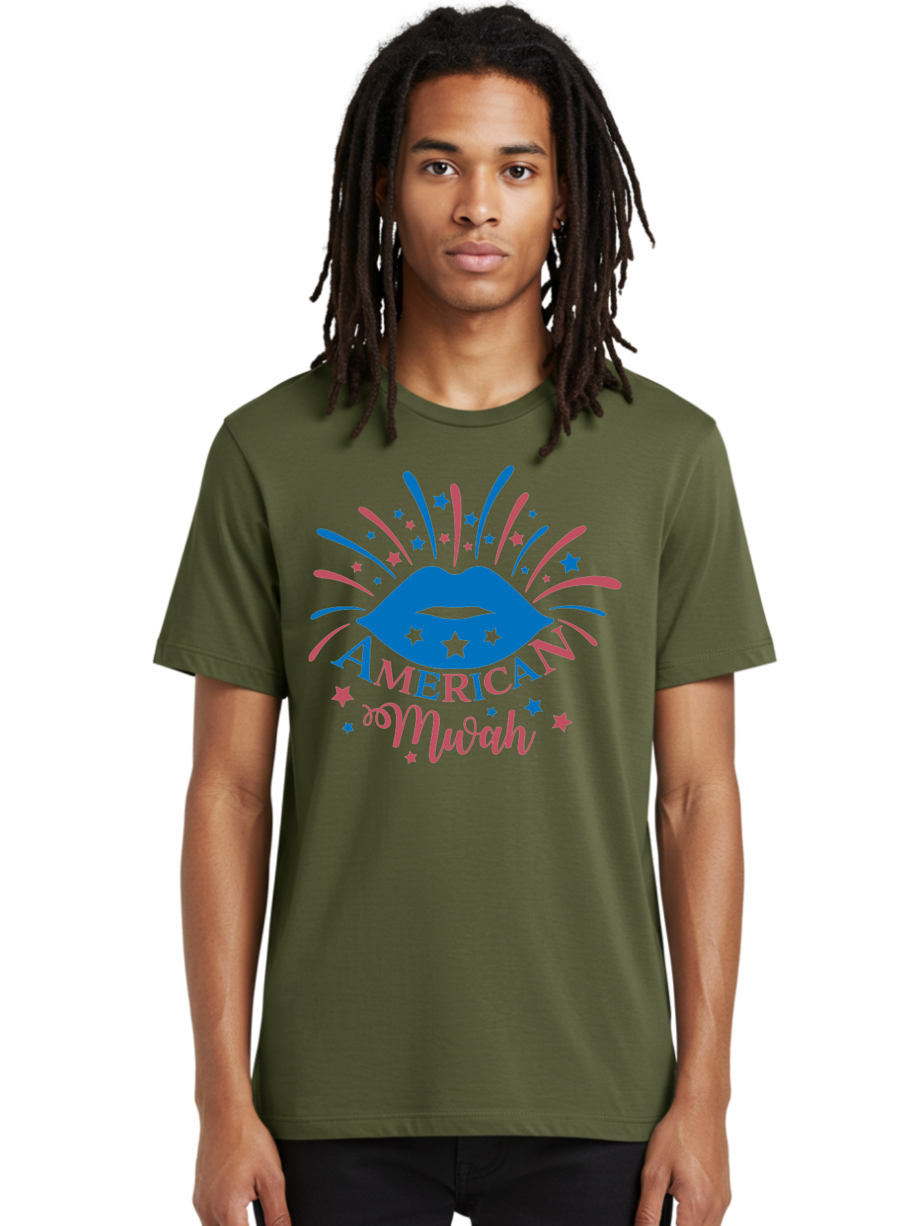 American-Mwah Men'S Graphic Tee, 100% Cotton, Comfortable Casual Summer Wear, Machine Washable, Blue Lips, Starry Design, Vibrant Colors, Playful Graphics, American Mwah, Kiss Mark, Festive Atmosphere, Celebratory Theme, Pop Art Style, Aac470 26