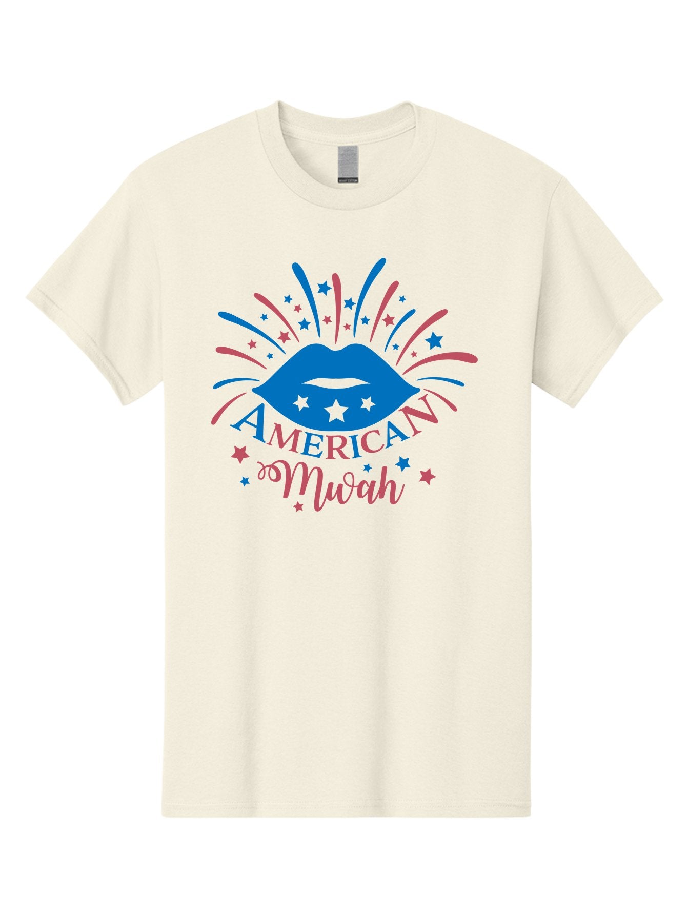 American-Mwah Men'S Graphic Tee, 100% Cotton, Comfortable Casual Summer Wear, Machine Washable, Blue Lips, Starry Design, Vibrant Colors, Playful Graphics, American Mwah, Kiss Mark, Festive Atmosphere, Celebratory Theme, Pop Art Style, Aac470