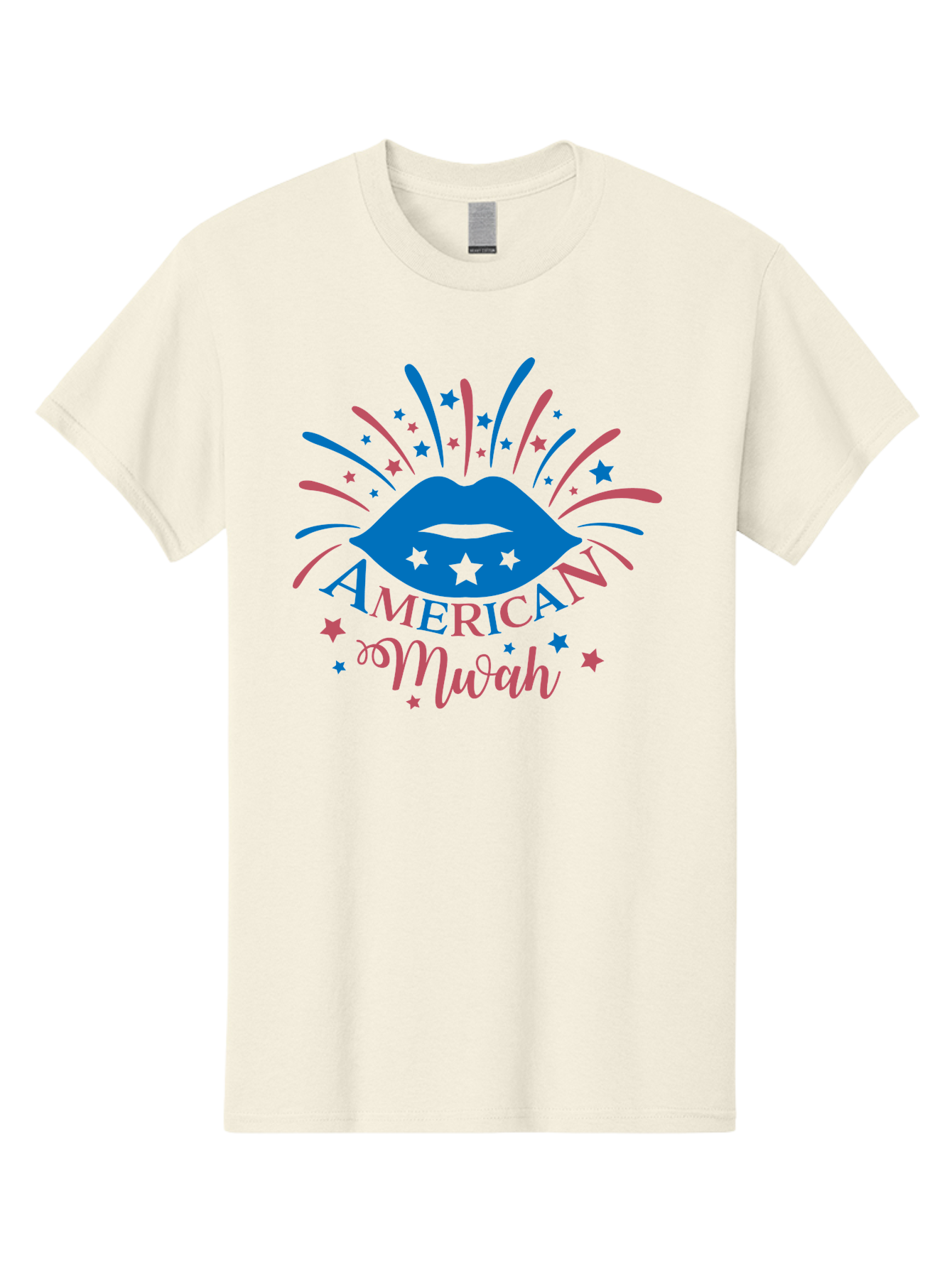 American-Mwah Men'S Graphic Tee, 100% Cotton, Comfortable Casual Summer Wear, Machine Washable, Blue Lips, Starry Design, Vibrant Colors, Playful Graphics, American Mwah, Kiss Mark, Festive Atmosphere, Celebratory Theme, Pop Art Style, Aac470 21