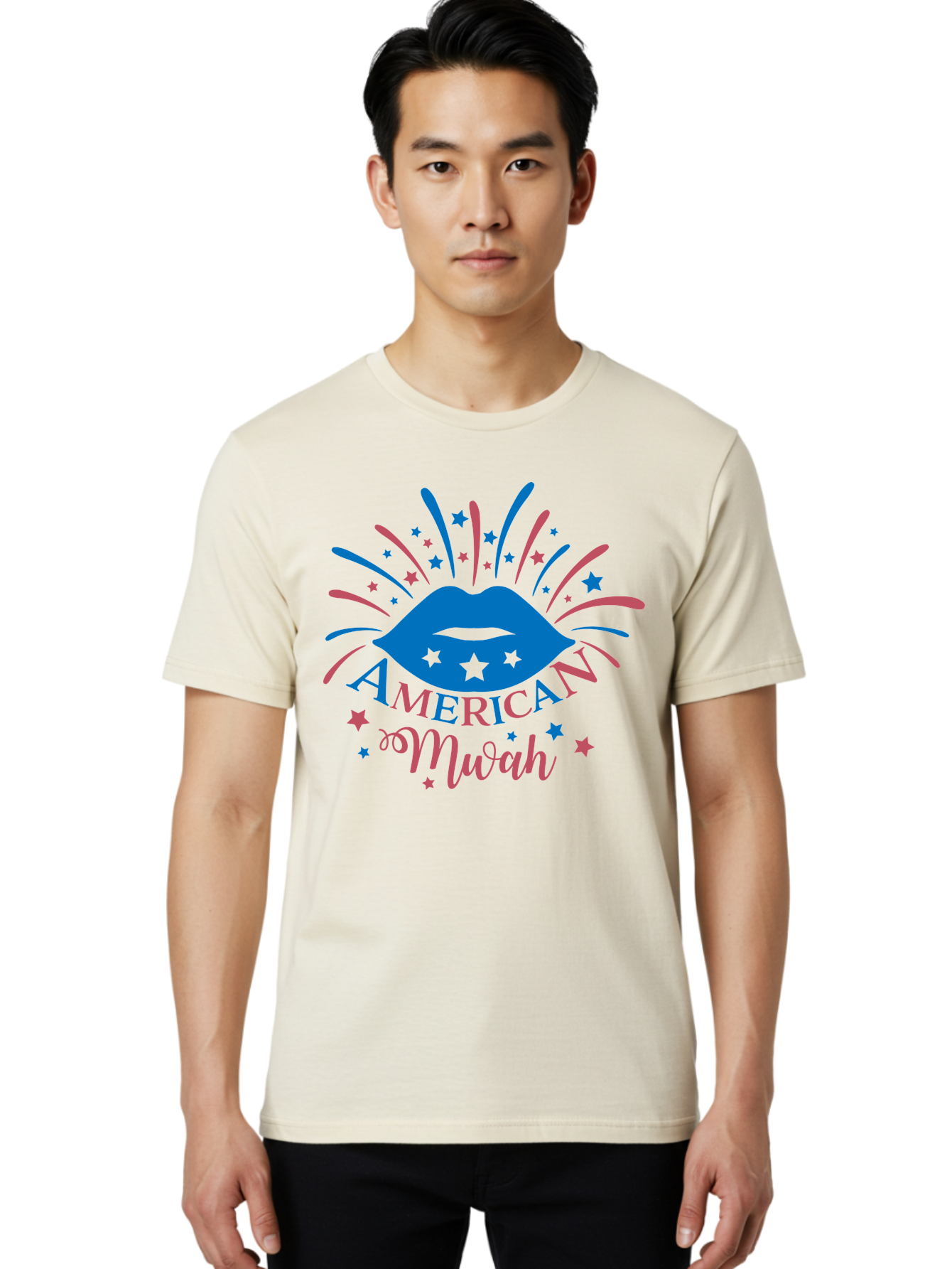 American-Mwah Men'S Graphic Tee, 100% Cotton, Comfortable Casual Summer Wear, Machine Washable, Blue Lips, Starry Design, Vibrant Colors, Playful Graphics, American Mwah, Kiss Mark, Festive Atmosphere, Celebratory Theme, Pop Art Style, Aac470 22