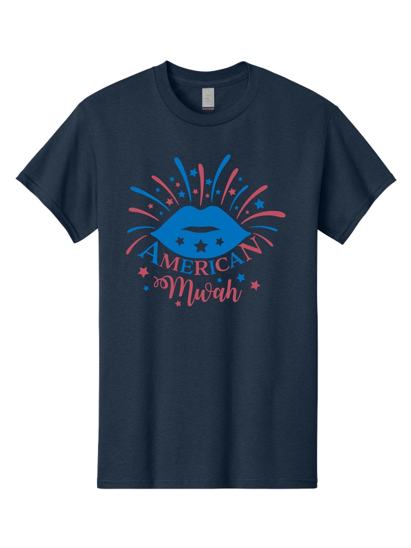 American-Mwah Men'S Graphic Tee, 100% Cotton, Comfortable Casual Summer Wear, Machine Washable, Blue Lips, Starry Design, Vibrant Colors, Playful Graphics, American Mwah, Kiss Mark, Festive Atmosphere, Celebratory Theme, Pop Art Style, Aac470 12