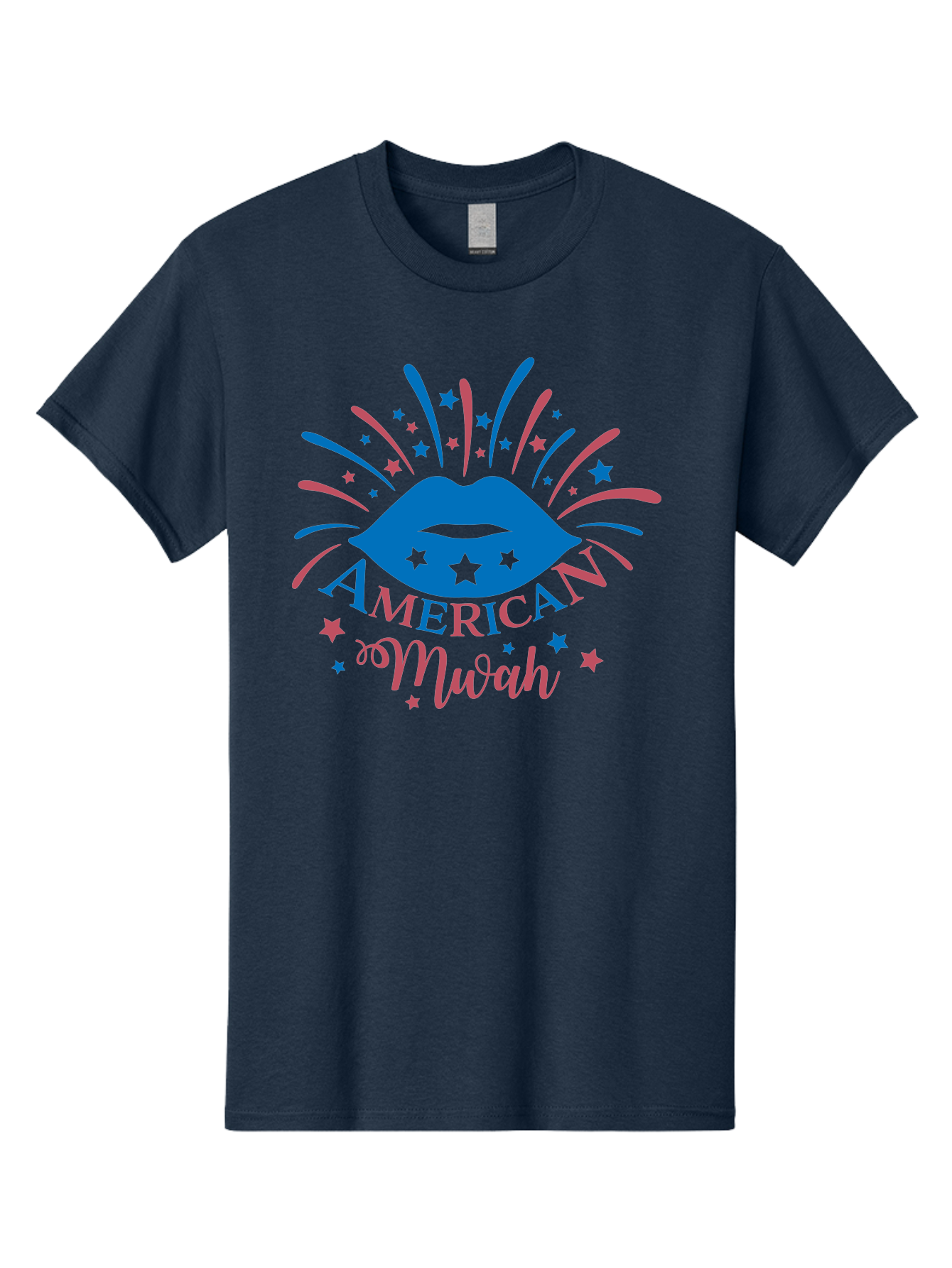 American-Mwah Men'S Graphic Tee, 100% Cotton, Comfortable Casual Summer Wear, Machine Washable, Blue Lips, Starry Design, Vibrant Colors, Playful Graphics, American Mwah, Kiss Mark, Festive Atmosphere, Celebratory Theme, Pop Art Style, Aac470 5