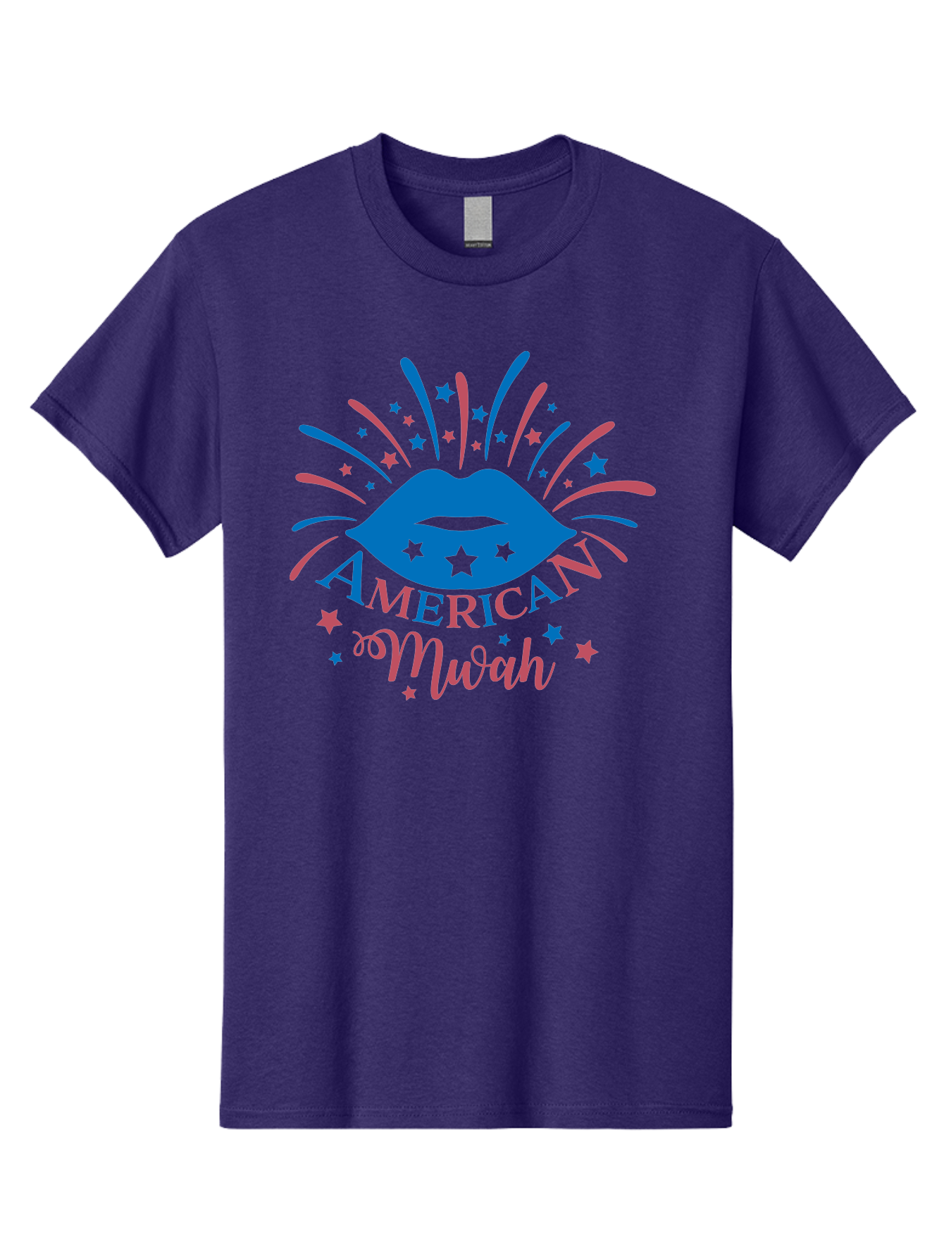 American-Mwah Men'S Graphic Tee, 100% Cotton, Comfortable Casual Summer Wear, Machine Washable, Blue Lips, Starry Design, Vibrant Colors, Playful Graphics, American Mwah, Kiss Mark, Festive Atmosphere, Celebratory Theme, Pop Art Style, Aac470 17