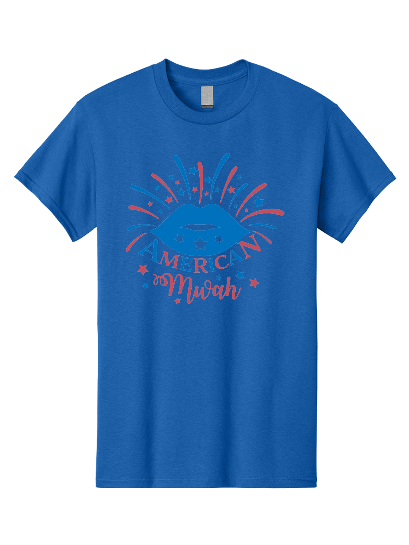 American-Mwah Men'S Graphic Tee, 100% Cotton, Comfortable Casual Summer Wear, Machine Washable, Blue Lips, Starry Design, Vibrant Colors, Playful Graphics, American Mwah, Kiss Mark, Festive Atmosphere, Celebratory Theme, Pop Art Style, Aac470 15