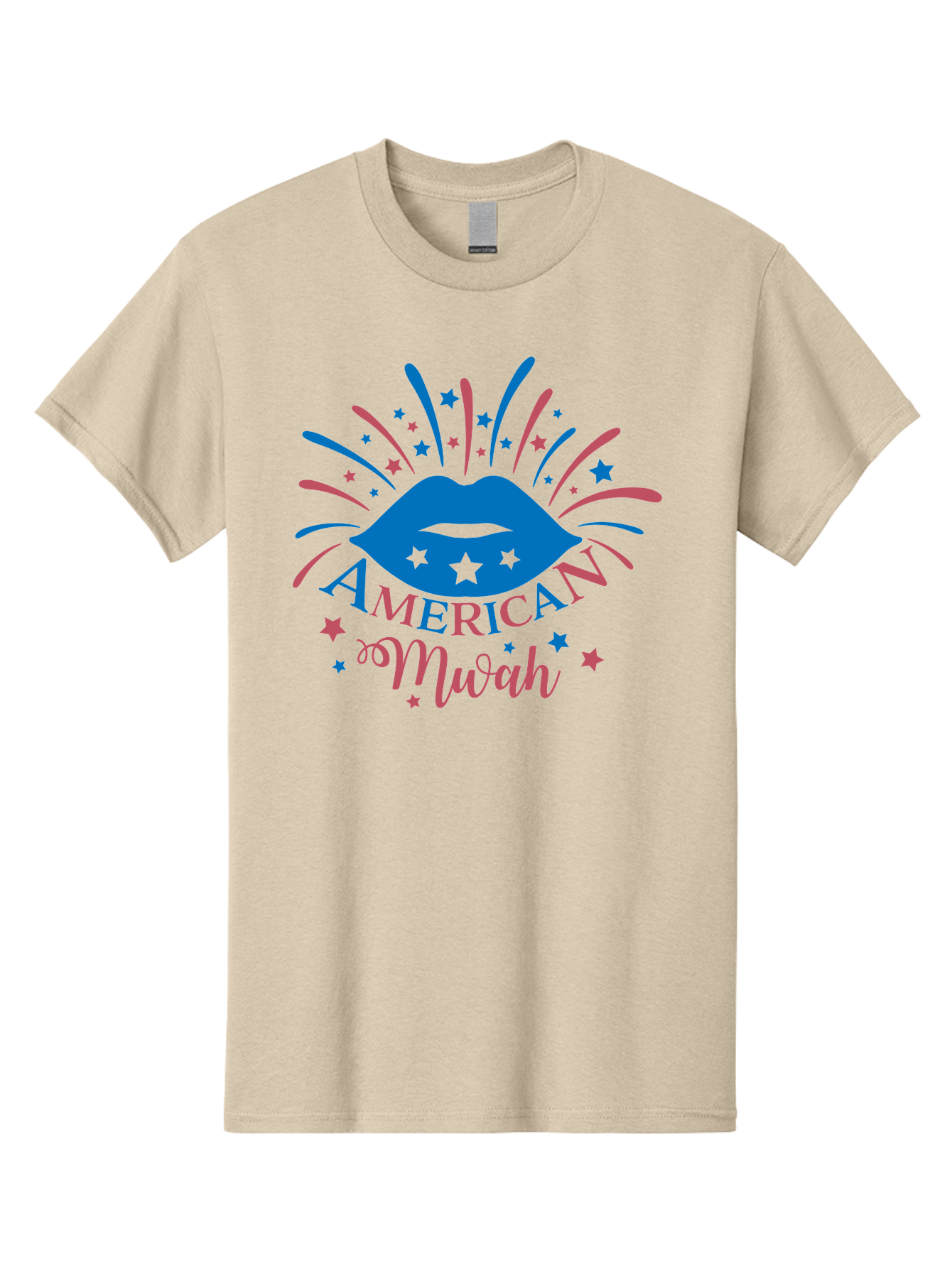 American-Mwah Men'S Graphic Tee, 100% Cotton, Comfortable Casual Summer Wear, Machine Washable, Blue Lips, Starry Design, Vibrant Colors, Playful Graphics, American Mwah, Kiss Mark, Festive Atmosphere, Celebratory Theme, Pop Art Style, Aac470 13