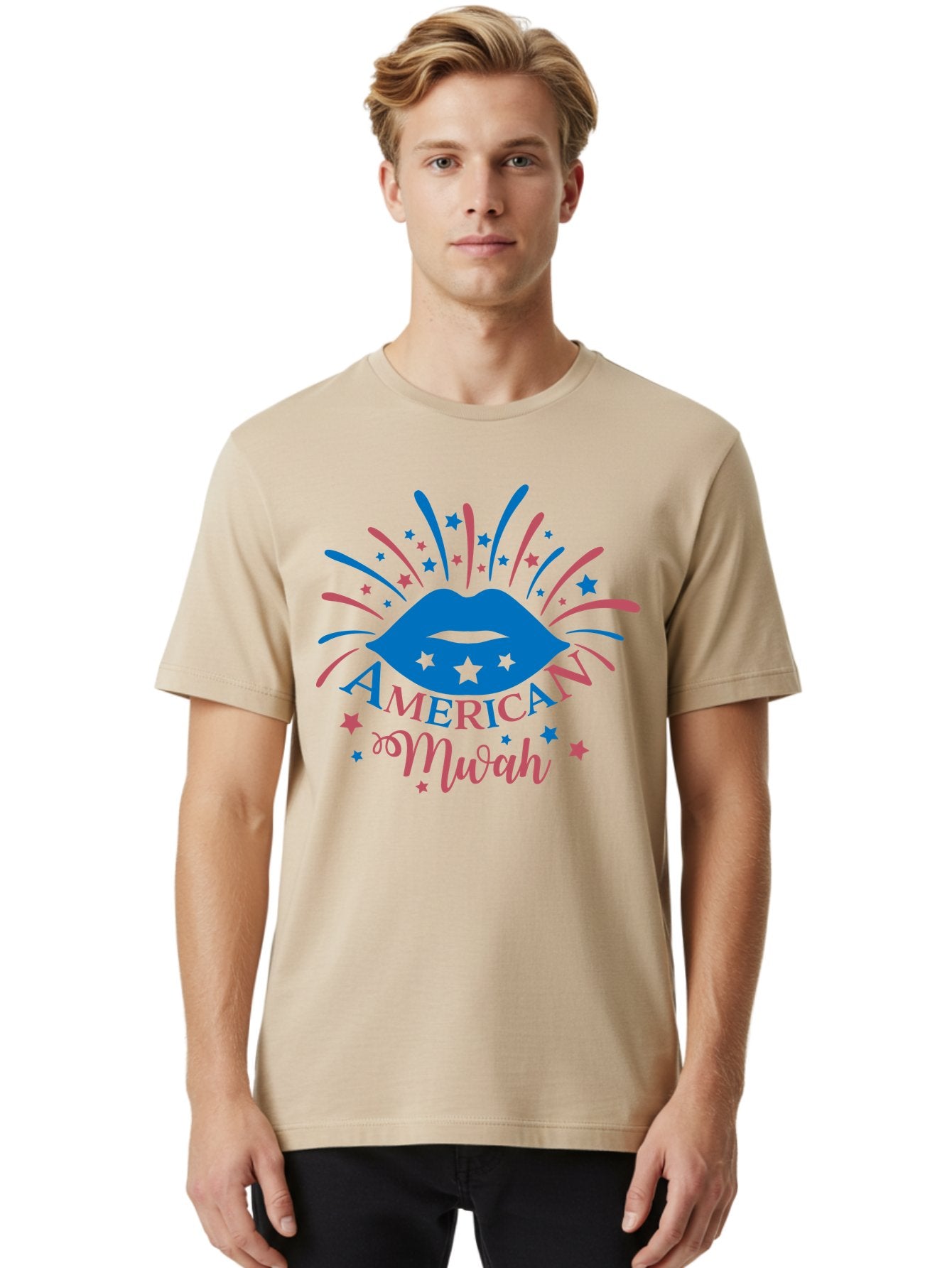American-Mwah Men'S Graphic Tee, 100% Cotton, Comfortable Casual Summer Wear, Machine Washable, Blue Lips, Starry Design, Vibrant Colors, Playful Graphics, American Mwah, Kiss Mark, Festive Atmosphere, Celebratory Theme, Pop Art Style, Aac470 24